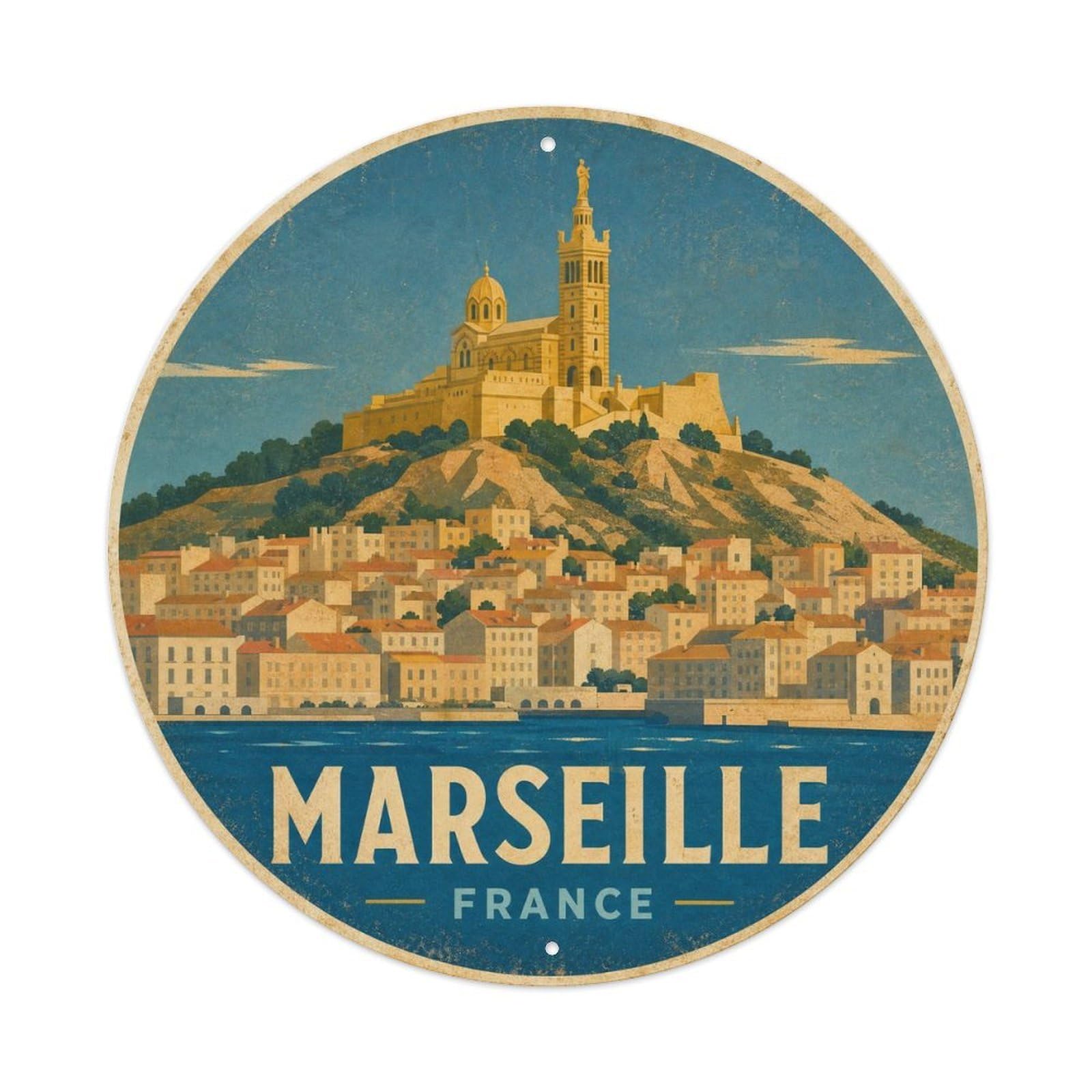 Vintage Travel France Marseille Vintage Metal Tin Sign Plaque Wall Decor for Cafe, Club Bar, Office, Garden Metal Poster 8x8Inch