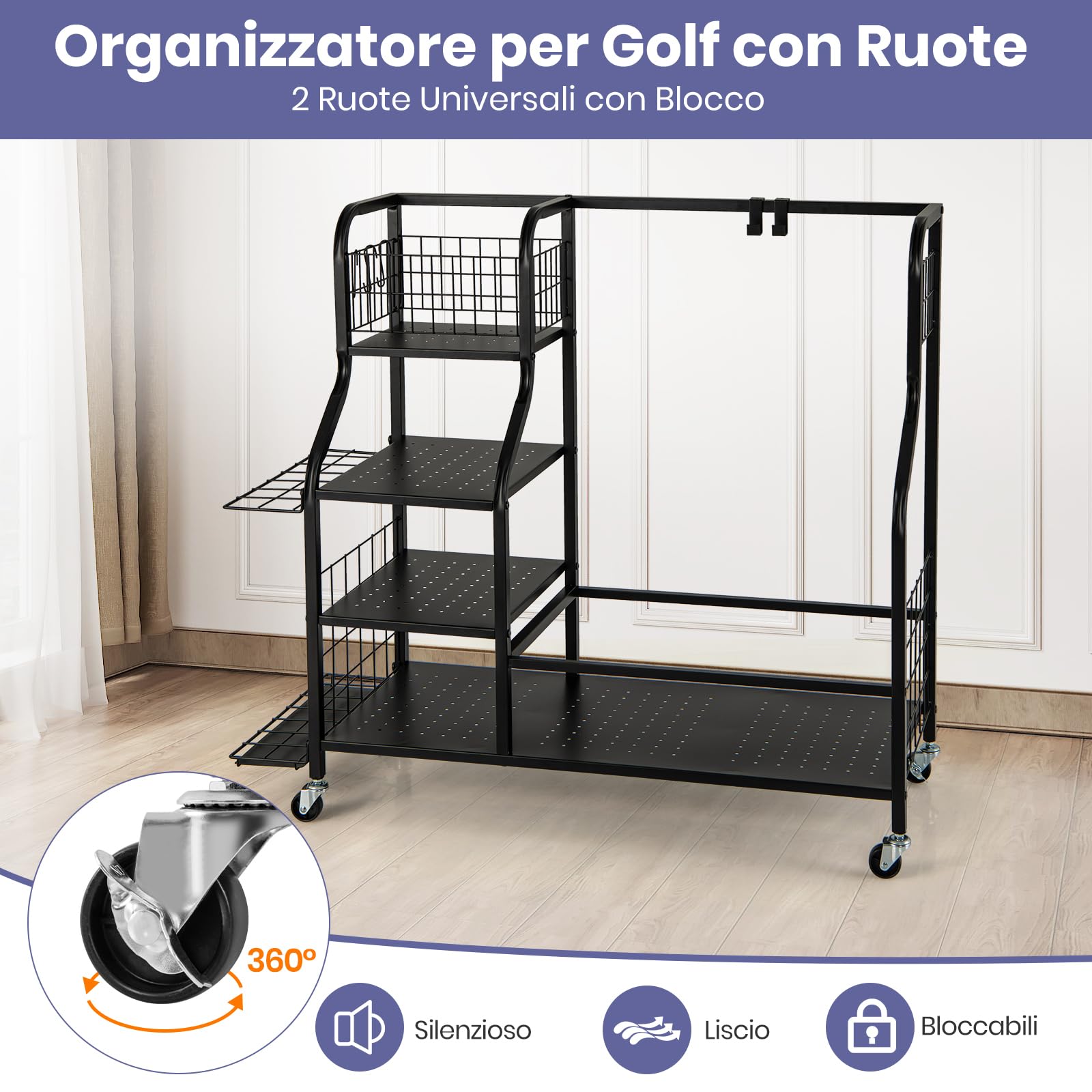 GYMAX Organizzatore per Borsa da Golf, Stand per Borse da Golf con Ripiano a 3 Livelli, Cestino Superiore, Organizzatore per 14 Mazze, 2 Ganci per Asciugamani Rimovibili e 4 Ganci Laterali