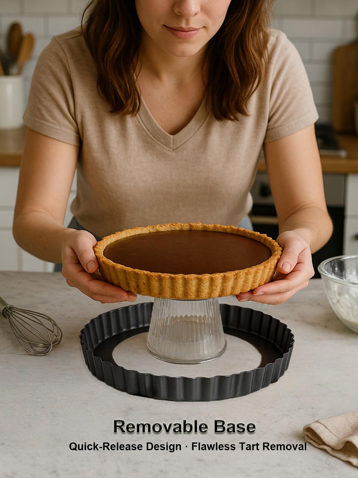 Moldes redondos de 9 pulgadas con servidor de tartas. Parte inferior extraíble, revestimiento antiadherente, acero al carbono resistente para hornear quiche tartas. Regalo para mujeres, esposa