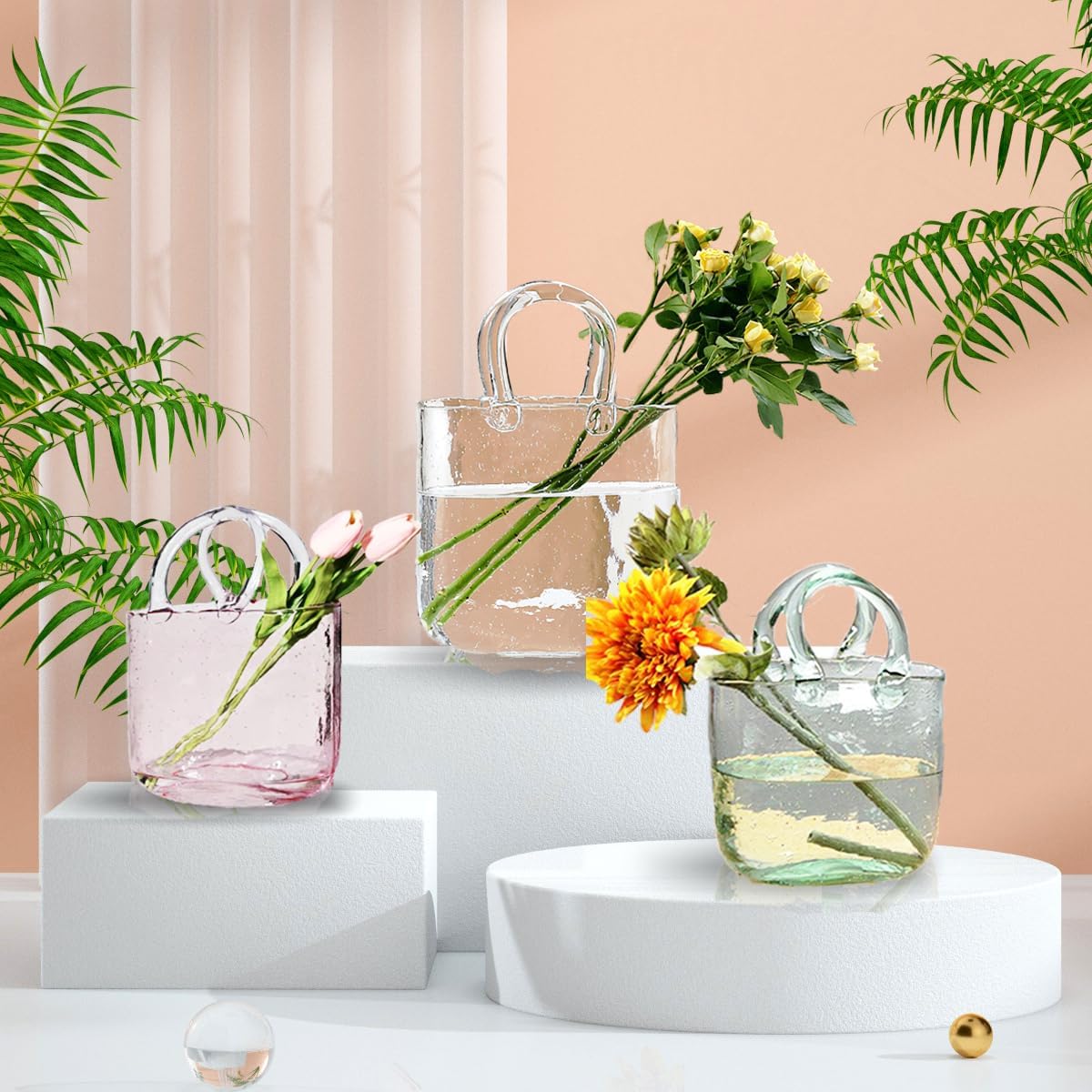 Handbag Glass Purse Vase,Cute Clear Glass Vase for Centerpieces, Bedroom,Office Table Decor,Wedding Events,Gift & Small Fish Tank (Transparent)