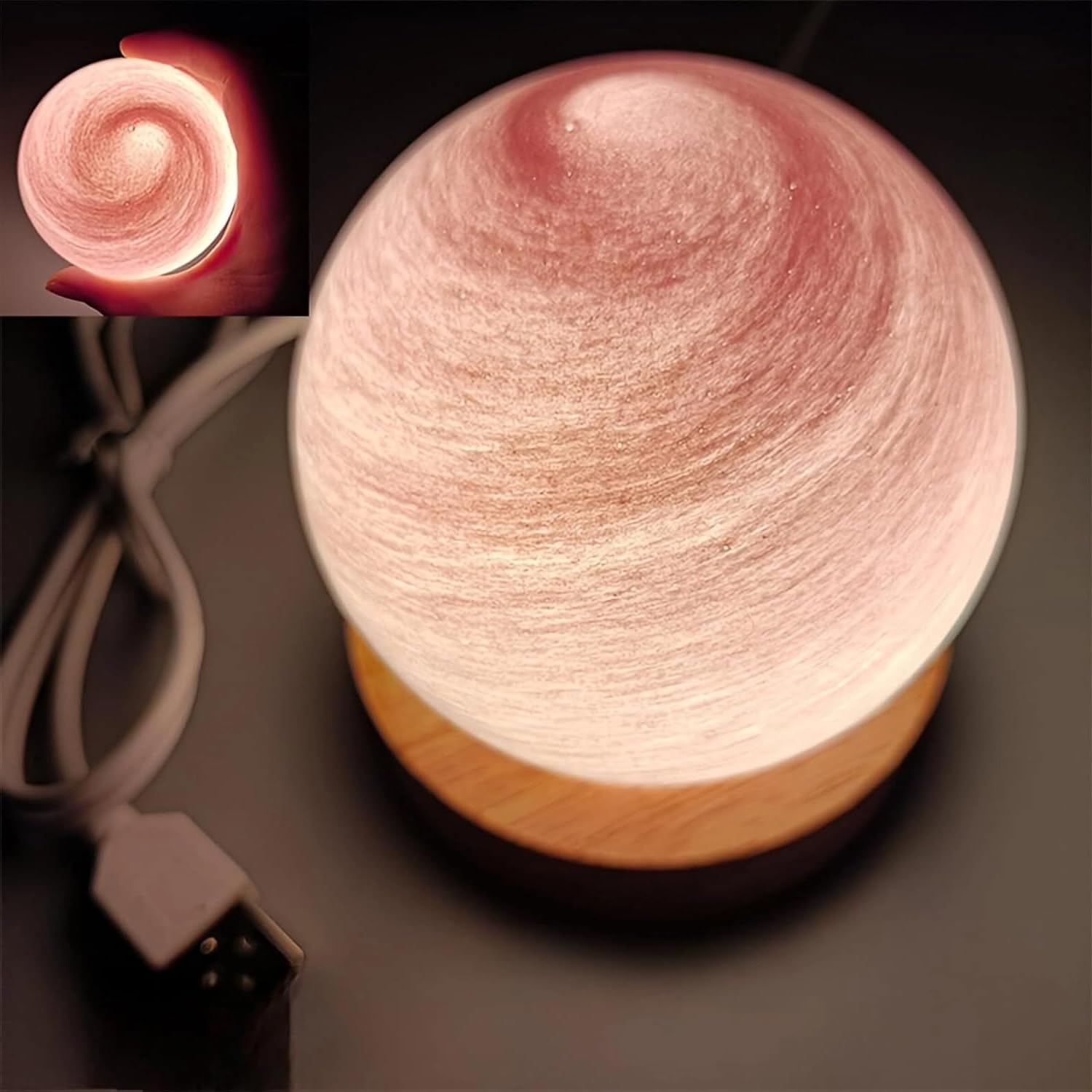 3D Planet Night Light, Glass Art Planet LED Table Mood Lamp, 8CM Kids Galaxy Night Light, Stepless Dimmable Brightness,with USB and Wooden Base,Gift for Baby Girls Boys Birthday (Pink)