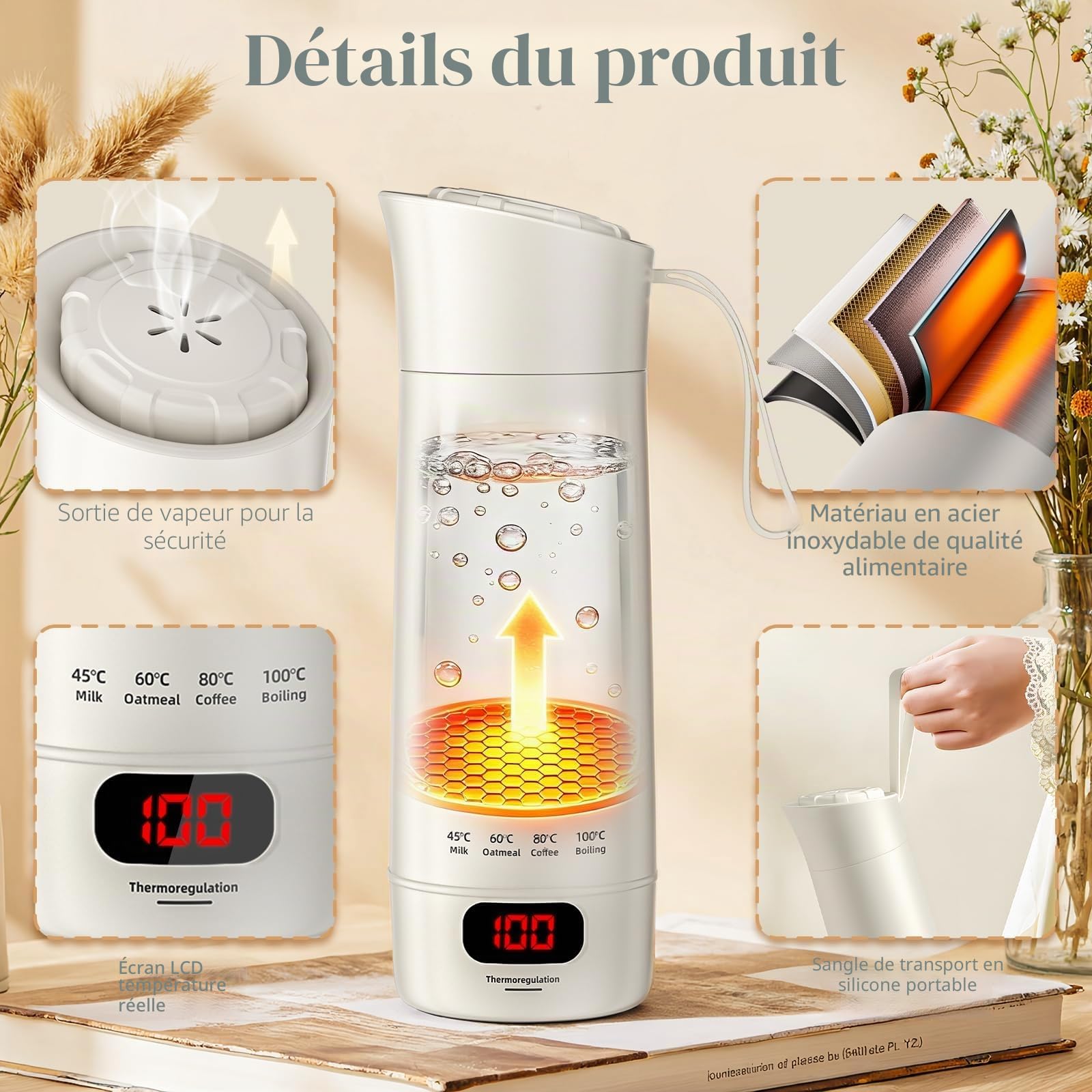 Mini Bouilloire Électrique Portable 400 ML 3 en 1 avec 4 Niveaux de Température, Doublure Acier Inoxydable 304