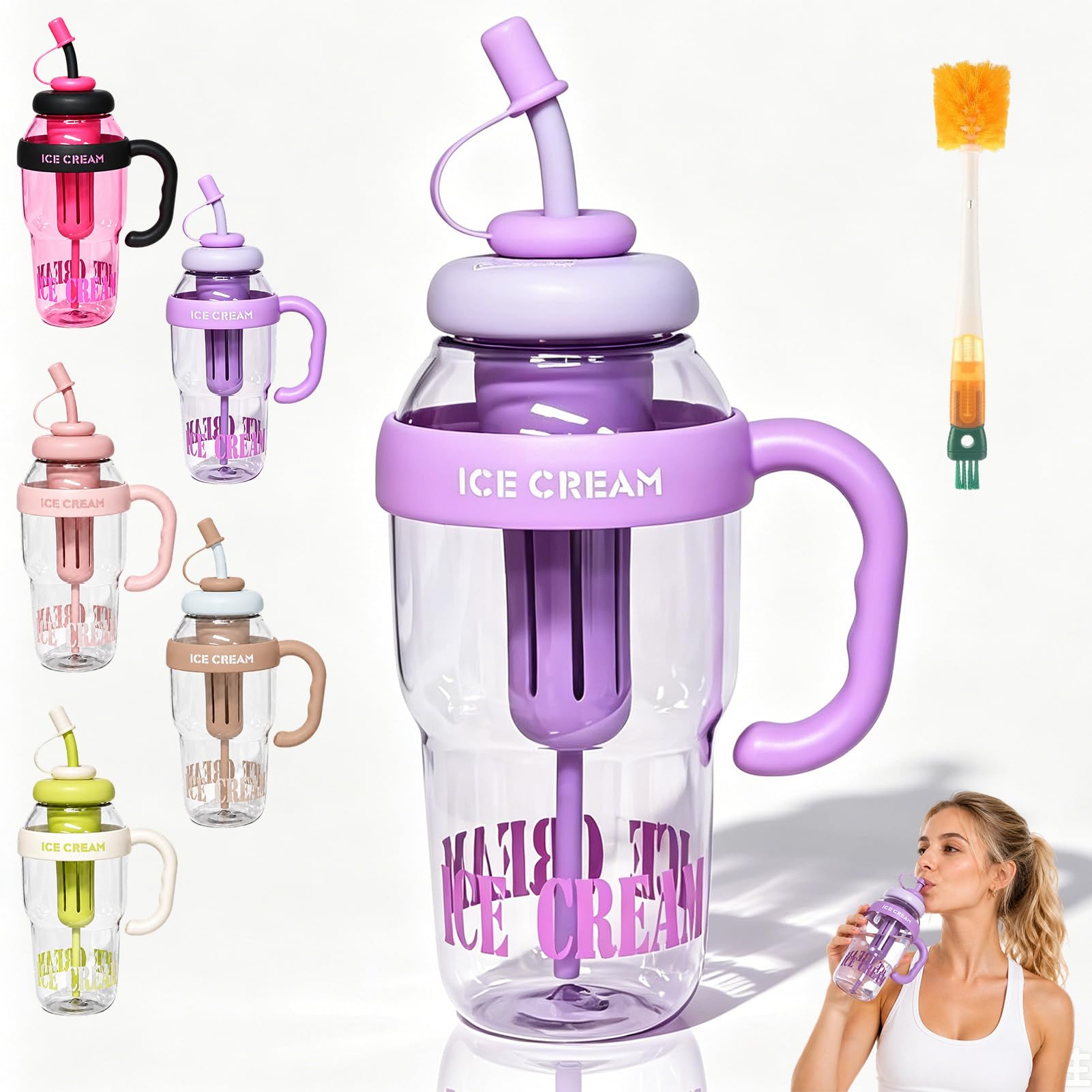 Stylish Large Capacity Sports Water Bottle with Straw, 1300ml Summer Handle Plastic Cute Large Capacity Ice Cup, Convenient Cup with Tea Infuser for Camping Hiking Summer Outdoor Sports (1pc-Purple)