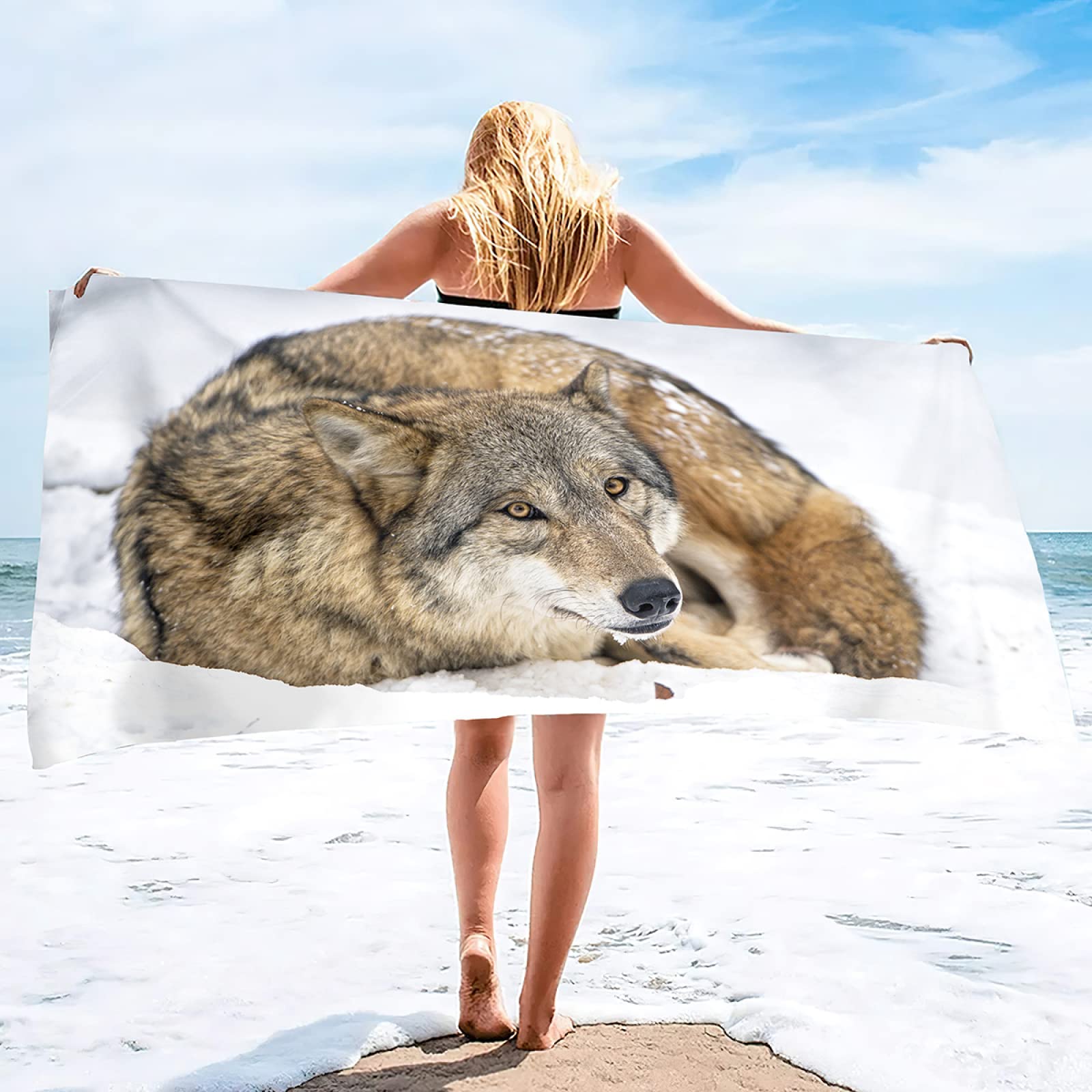 KINITA Serviette de Plage 200x200 cm Loup, Serviette de Plage Grande Microfibre Enfants Femme Homme, Serviette de Bain, Drap de Plage Légère Portable pour Natation Voyage