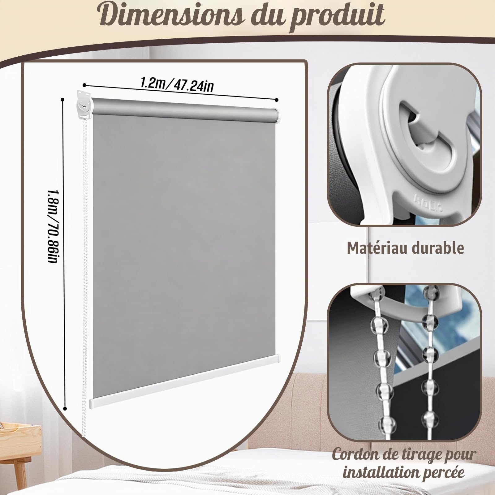 Store Enrouleur, 120 x 180 cm Auvent Vertical Store Enrouleur Exterieur Gris Clair Stores Intérieurs avec Cordon de Tirage Auvent de Balcon Rideau pour Balcon Terrasse Bureau ou Salle de Bain