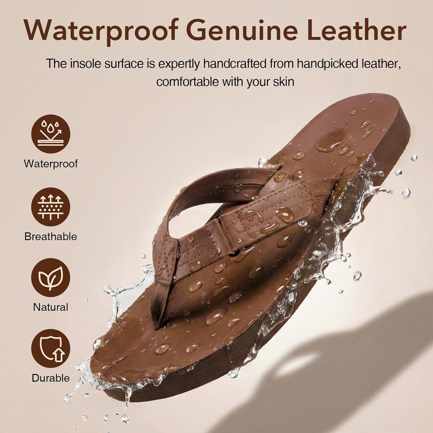ZURIN Genuine Leather Flip Flops for Men Beach Sandals with Arch Support, Comfortable Summer Beach Thong Sandals Slip On Slippers Soft Cushion Footbed Outdoor