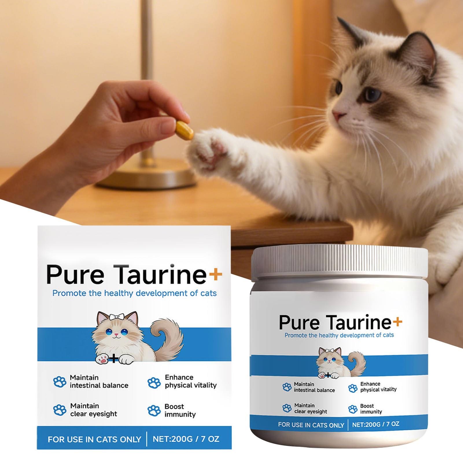 Genérico Taurina para Gatos, 2 Frasco 400g Lisina para Gatos, Apoyo Cardiovascular, Polvo de taurina 100% Puro, contra Moquillo Felino, Vías Respiratorias, Alivias Alergias y Estornudos