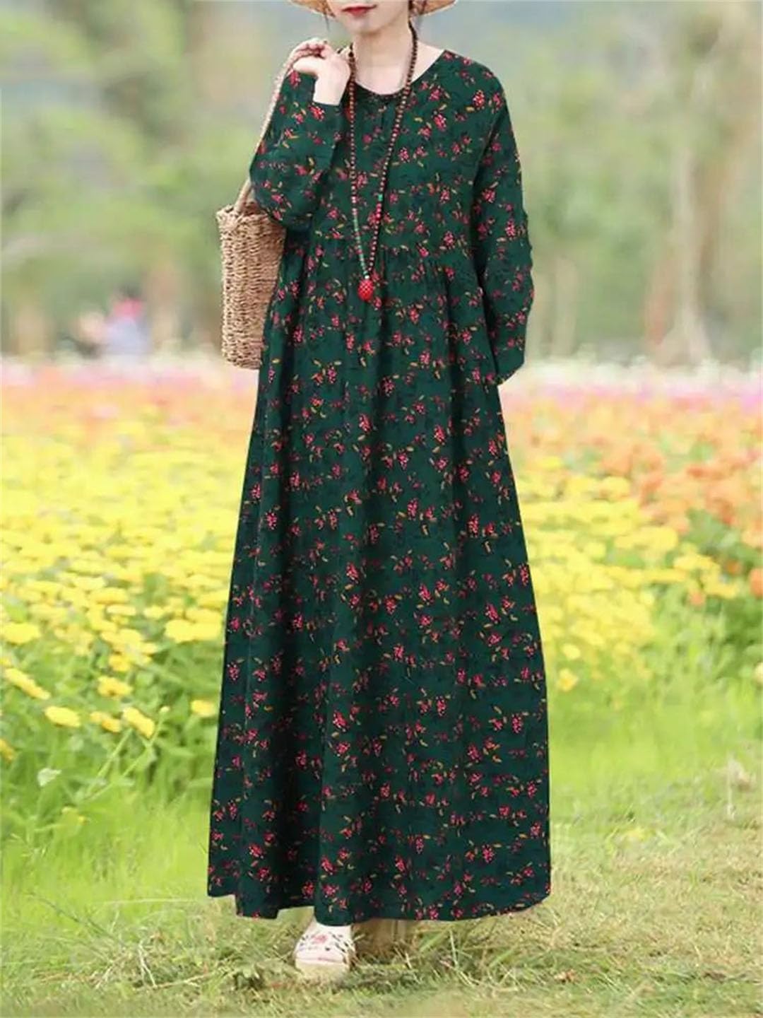Damska sukienka vintage szlafrok Femme długi rękaw kwiatowy nadruk świąteczna długa sukienka Vestido