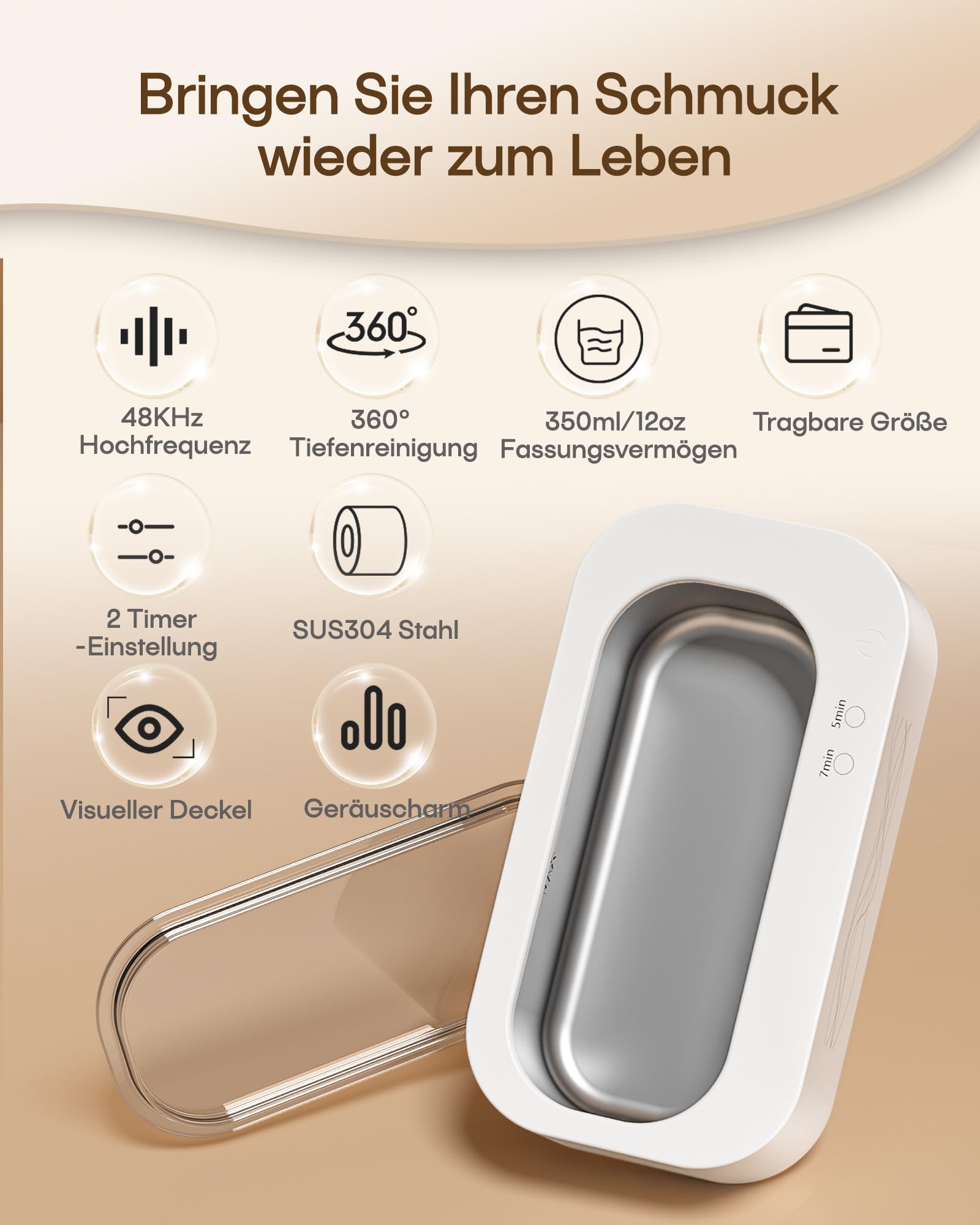 Ultraschallreinigungsgerät, Professionelle 48KHz-Ultraschallreiniger/Brillenreinigungsgerät für Schmuck, Zahnprothese, Halter, 2 Reinigungsmodi/360°Tiefenreinigung,350ML 304 Edelstahltank,Geräuscharm | Ultraschallreiniger für Mundschutz, Aligner, Nachtsch