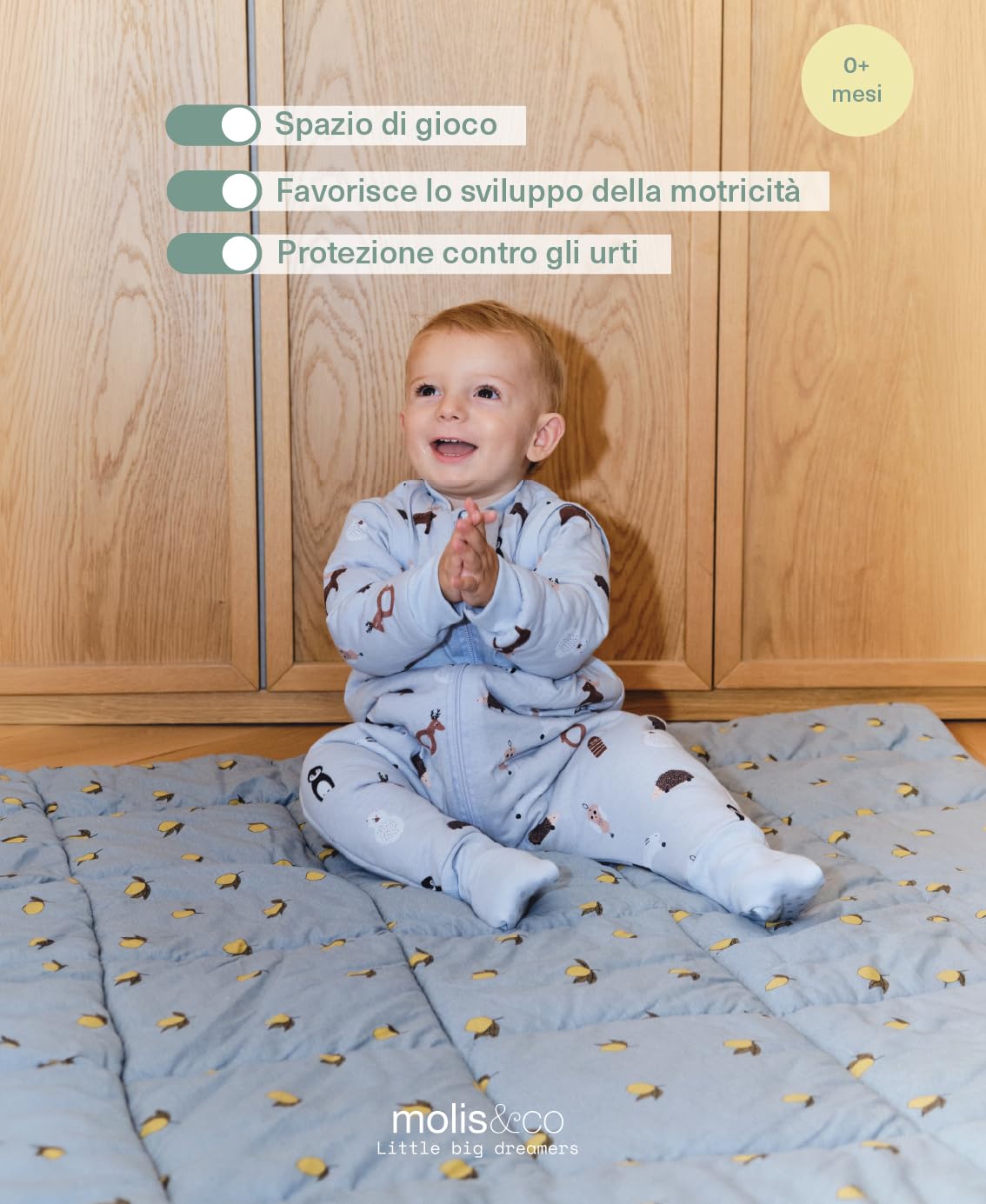 molis&co - Tappeto Gioco Bambini e Neonati 120x120x5cm - Tappeto Morbido Bambini - Tappeto Gioco Neonato Pieghevole, Reversibile e Lavabile - 100% Cotone (OEKO-TEX 100) - Colima