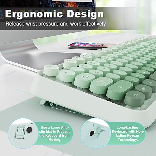 Miniatura 6 de FOPETT Combo de teclado y mouse inalámbricos, 2.4G de tamaño completo, lindo mouse y teclado coloridos con 104 teclas redondas, teclado retro para