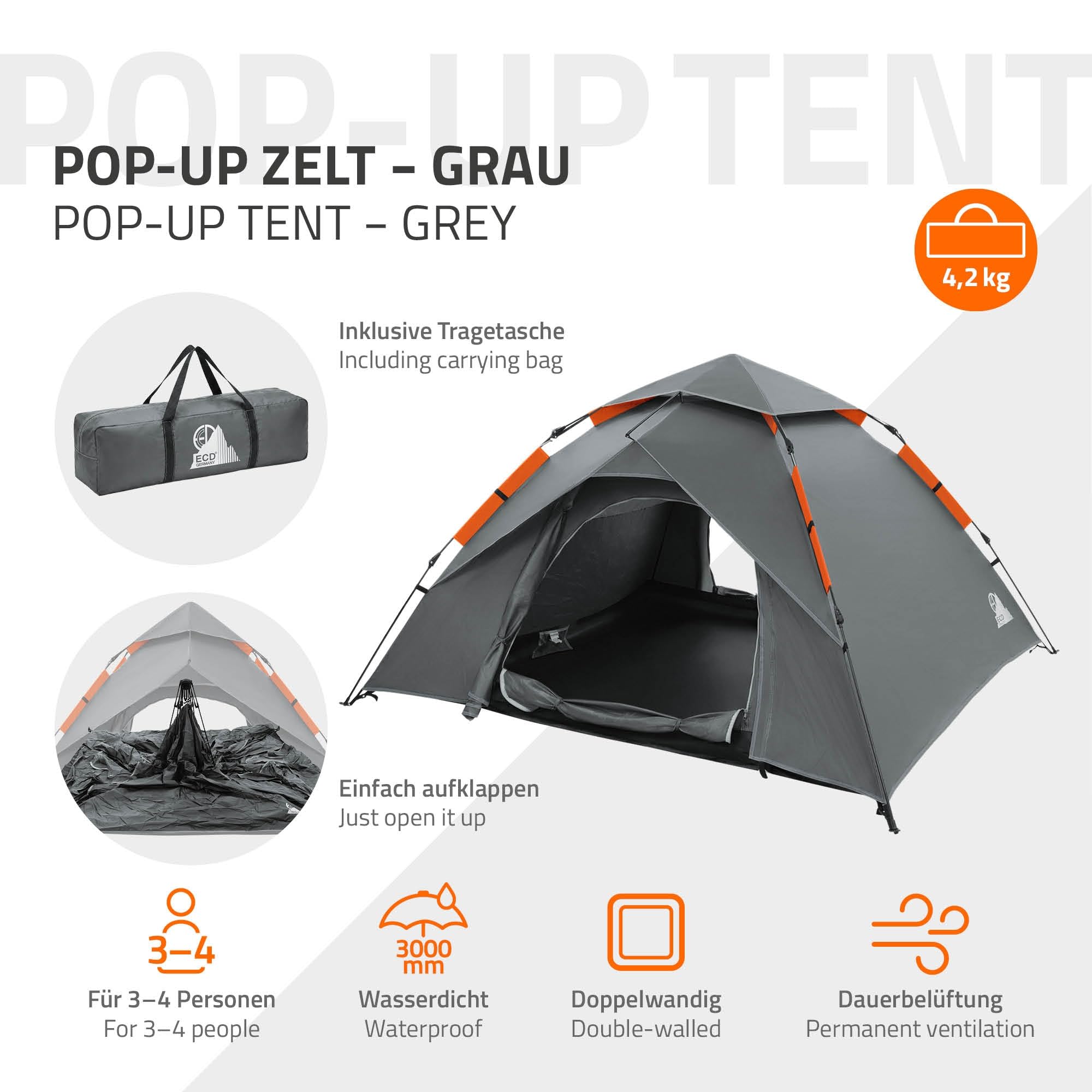 ECD Germany Namiot 3-4 Osobowy Pop-Up Campingowy, Lekki Dwuwarstwowy Namiot Outdoor Kopulowy z 2 Wejsciami, Wodoodporny i Wiatroodporny Namiot Rodzinny z Torba na Camping i Wedrówki, Zielony/Szary