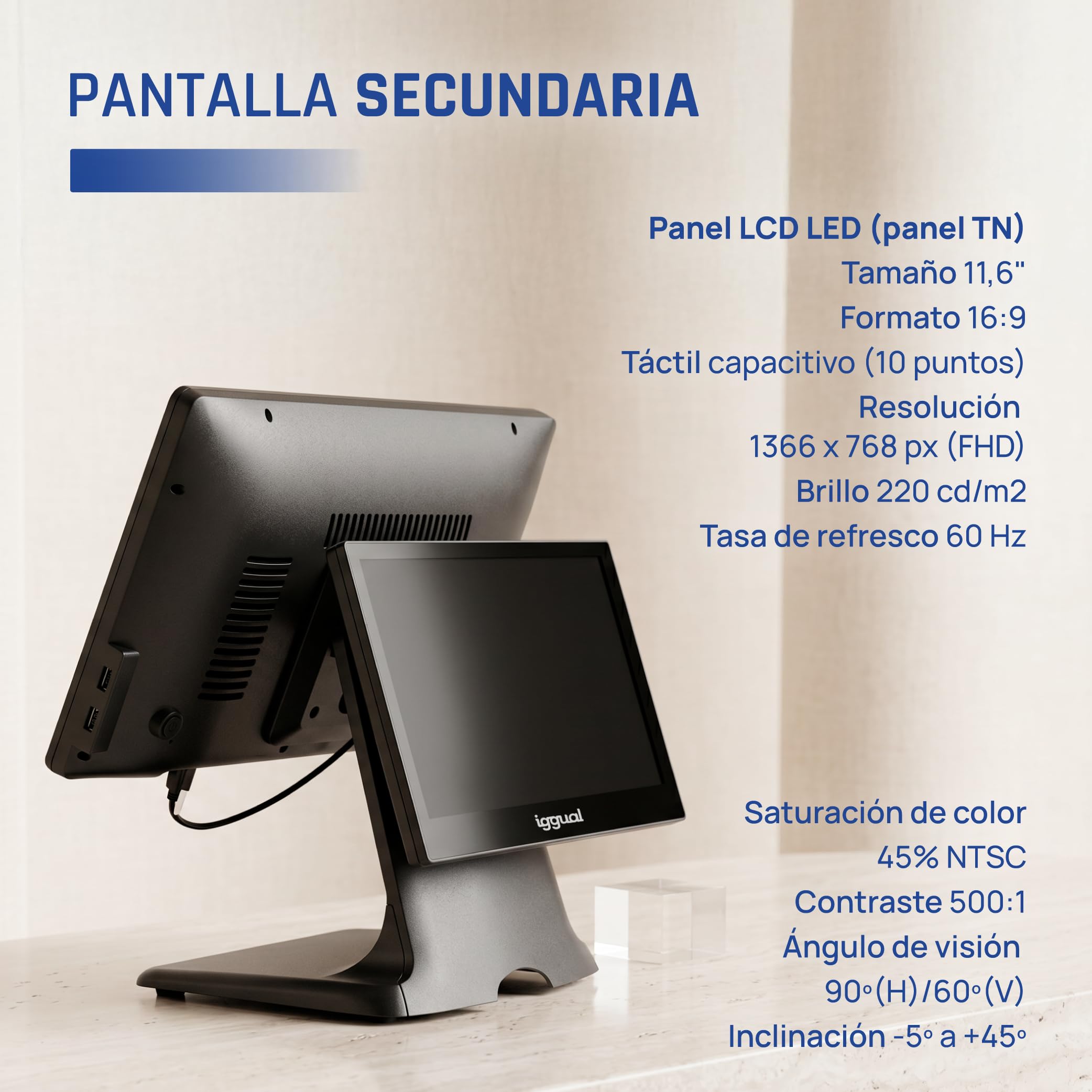 iggual TPV Dual Táctil 15,6”/11,6"- Sistema Caja Registradora Completo con Doble Pantalla - Windows 11 Pro -WiFi 5-Ethernet, Bluetooth 5.1- Procesador Intel® N100 3,4 GHz Apto Verifactu.