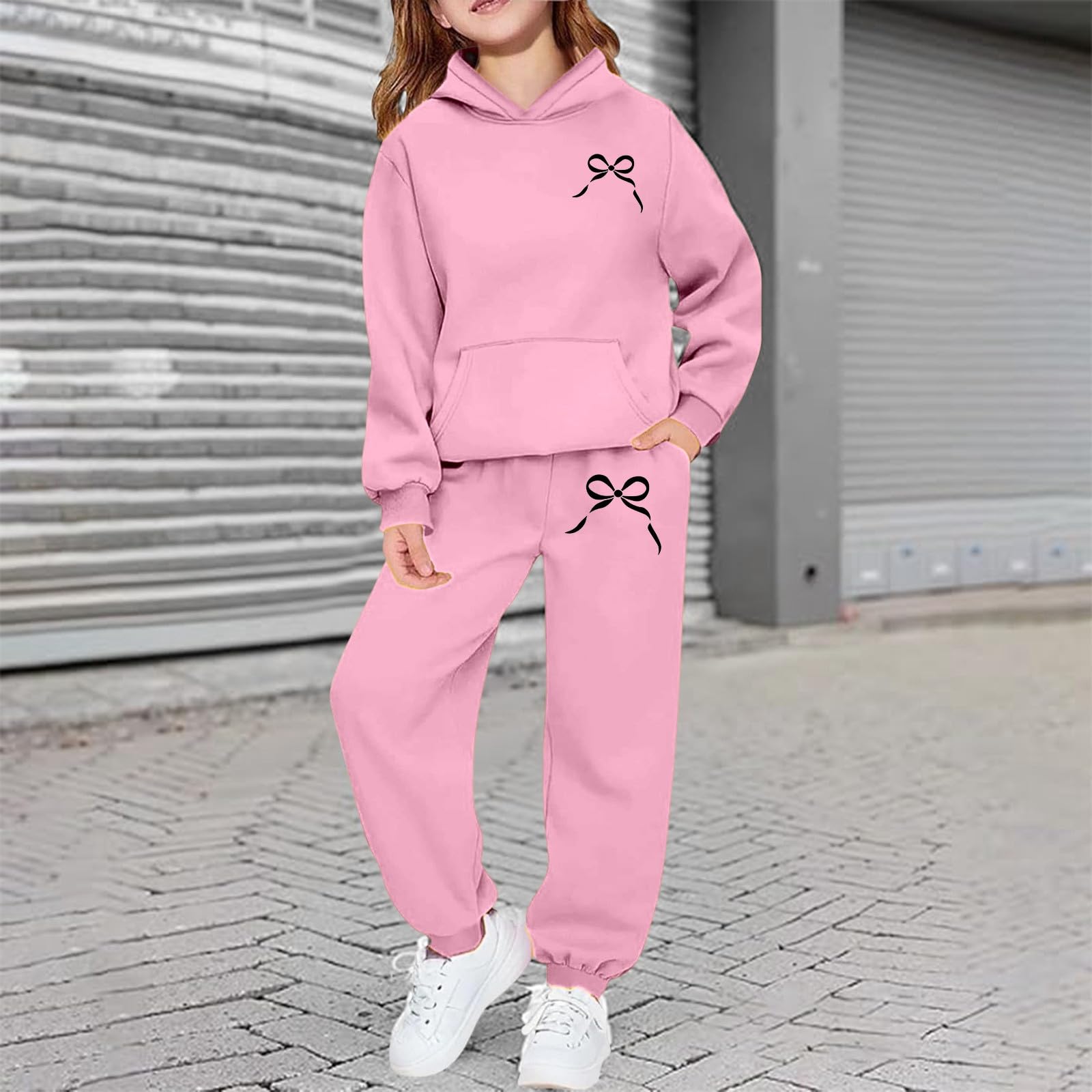 Jogginganzug Mädchen Jungen Zweiteiliger Trainingsanzug Schleifen Druck Freizeitanzug Einfarbig Sportstyle Set Langarm Kapuzenpullover Hoodie mit Jogginghose Y2K Kinder Sportkleidung