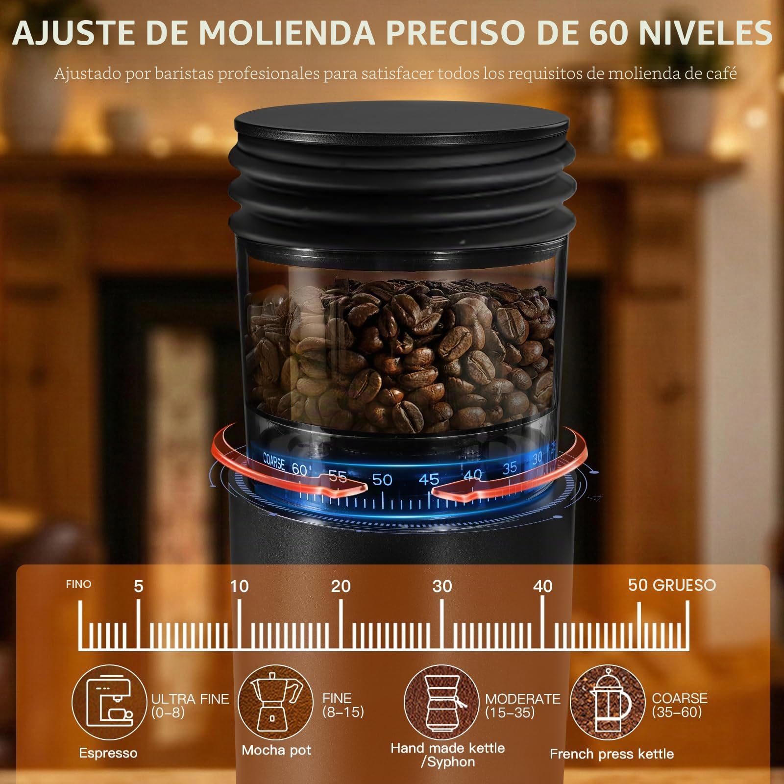 Molinillo de café, recargable, inalámbrico, de acero inoxidable, cónico, con soplador de aire, 60 ajustes de molienda, antiestático, compacto y silencioso para el hogar, oficina, camping, color negro