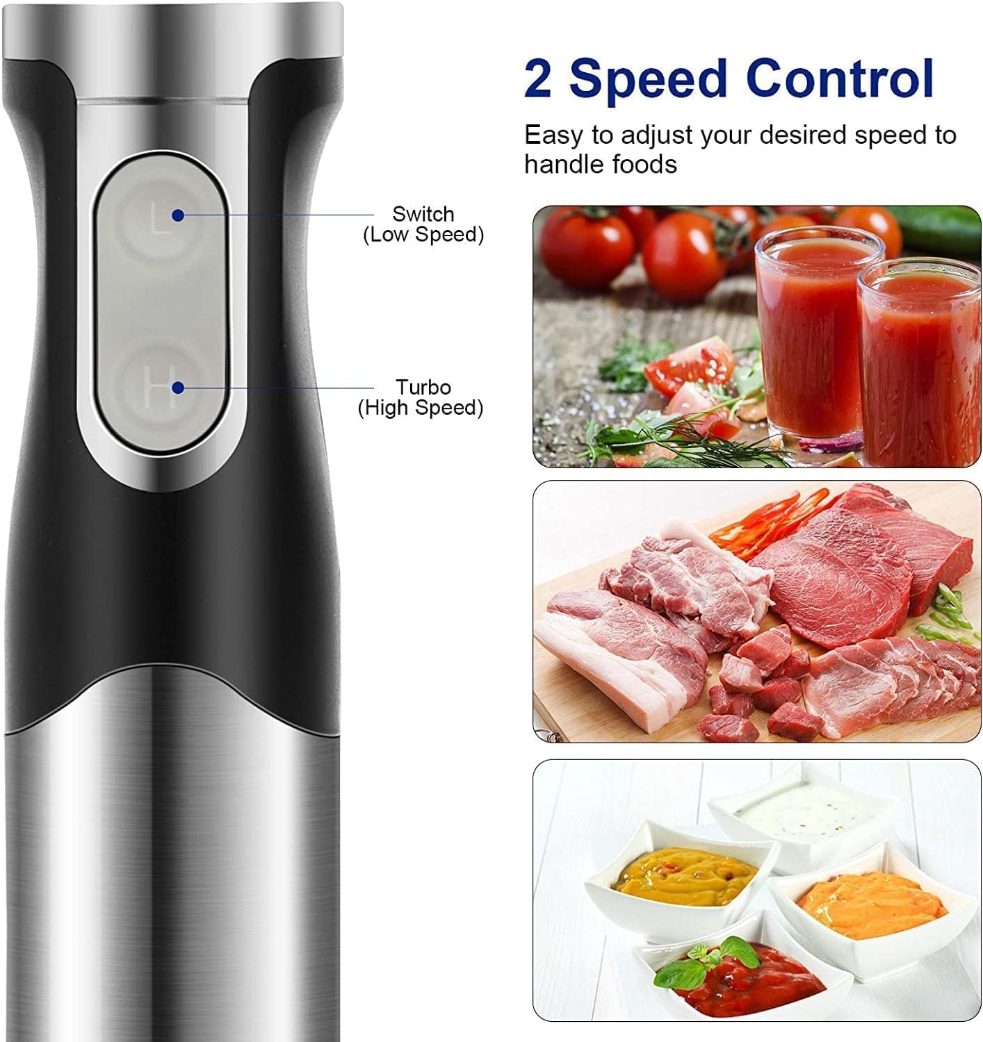 Close-up of the 2-speed control buttons on the blender handle