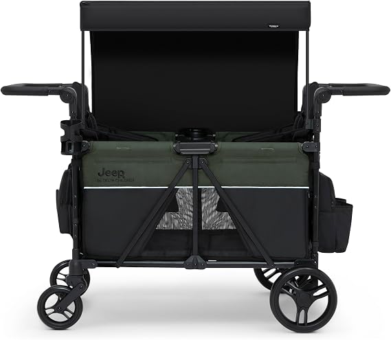 Jeep Aries Stroller Wagon by Delta Children Premium Wagon for 2 Kids with Convertible Seats, Adjustable Push/Pull Handles, Removable Canopy & Flat Fold - Greenguard Gold Certified, Black/Green