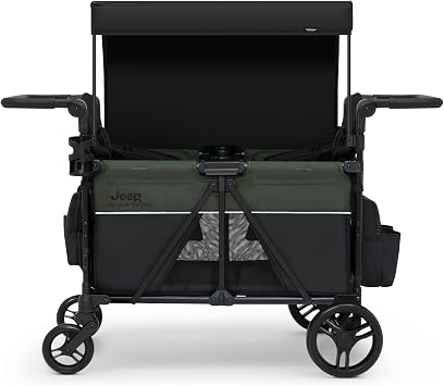 Jeep Aries Stroller Wagon by Delta Children Premium Wagon for 2 Kids with Convertible Seats, Adjustable Push/Pull Handles, Removable Canopy & Flat Fold - Greenguard Gold Certified, Black/Green