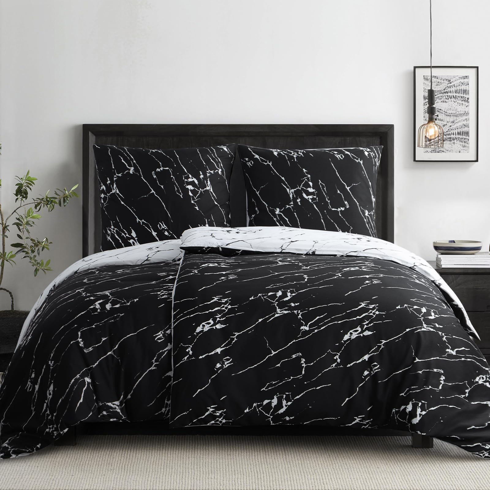 RUIKASI Bettwäsche 135x200 4teilig Schwarz - Bettbezüge 135 x 200 2er Set mit Marmor Muster, Bettwäsche-Sets 135x200cm aus Mikrofaser mit Reißverschluss Weich und Bügelfrei