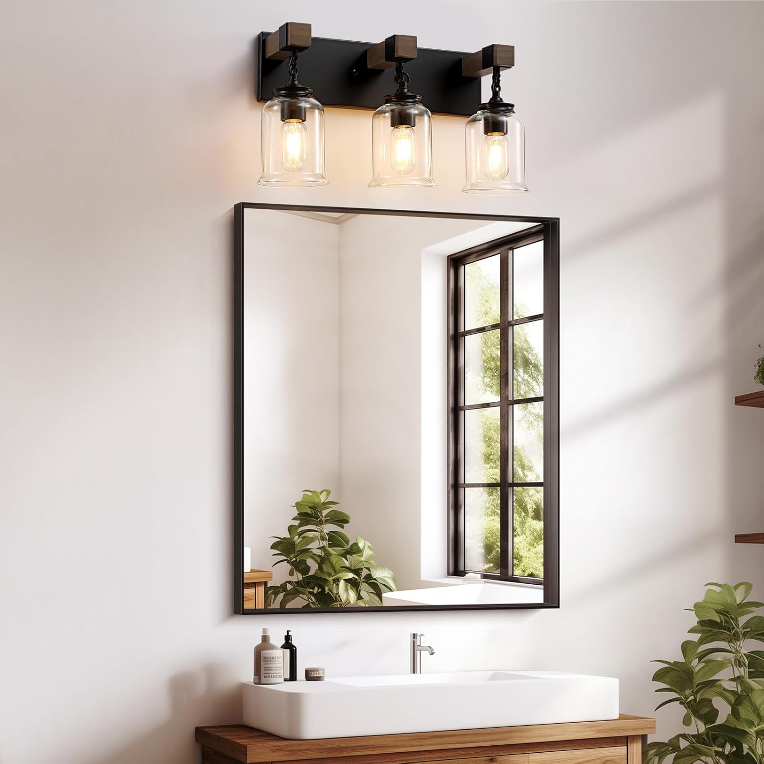 Farmhouse Bathroom Light Fixtures, 3 Light Bathroom Vanity Light, Black Industrial Style with Clear Glass Shades, Wood Bathroom Lighting Fixtures Over Mirror for Bedroom, Living Room