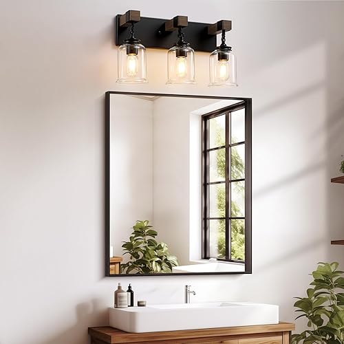 Miniatura 8 de Lámpara de baño de granja, 3 luces, color negro mate, estilo industrial con pantallas de vidrio transparente, accesorios de iluminación sobre espejo