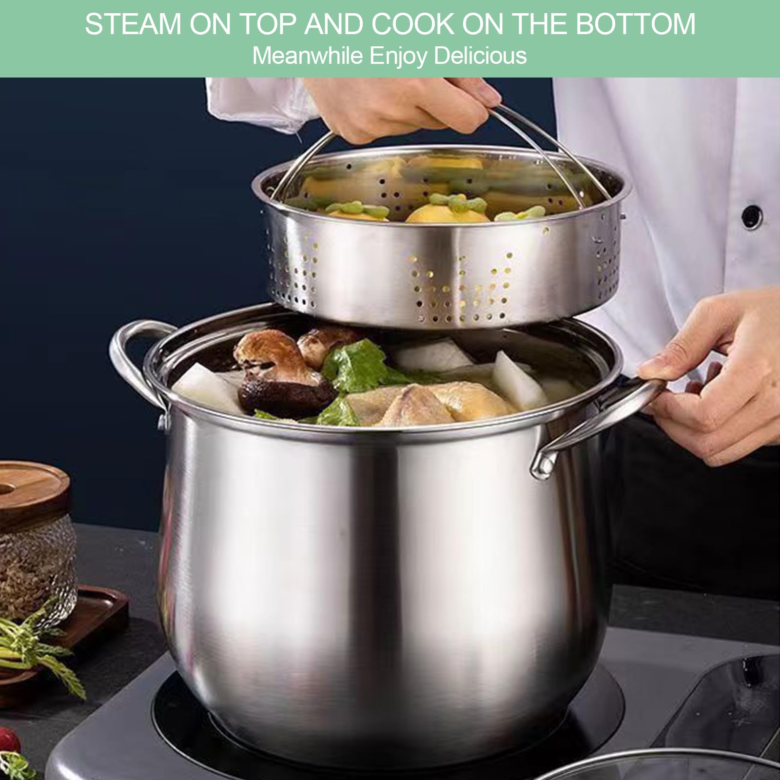 Pentola in Acciaio Inox 23,5 cm, Pentola per Pasta 7 Litri con Colino e Presina, Stockpot Capiente con Coperchio in Vetro, per Tutti i Piani Cottura, Adatta Alla Lavastoviglie