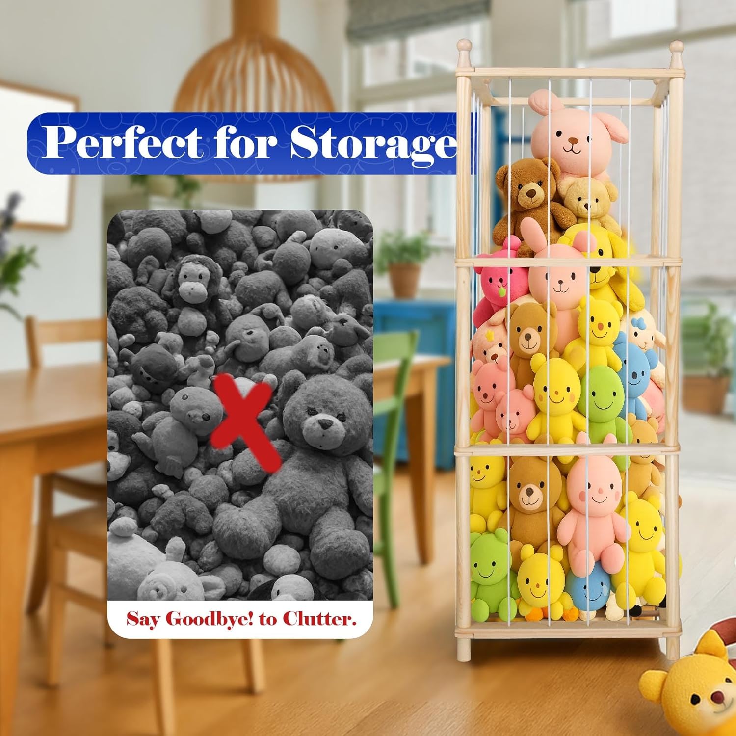 Home Storage Cabinet,Wooden Holder with Elastic Band,Plushies Organizer for Bedroom Living Room (Natural)