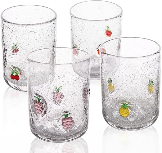 G Hand Blown Drinking Glasses, Bubble Cute Fruit Glasses,Stereoscopic Designs Grapes, Pineapples, Cherries, Strawberry Juice Glasses Set of 4, 15.4 oz For Coffee,Tea Soda, Milke, Cocktail, Old Fashion