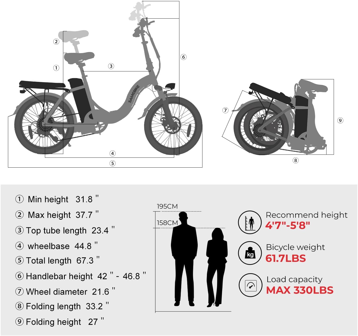 SAMEBIKE electric bike dimensions and folded view