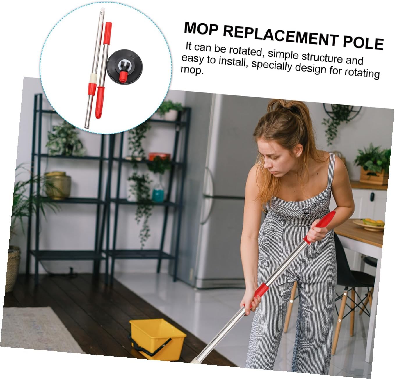 Rotating Stainless Steel Mop Pole Replacement Handle, Expandable Commercial Mop Stick with Red Telescopic Rod for Home, Office, Bathroom, and Kitchen Cleaning