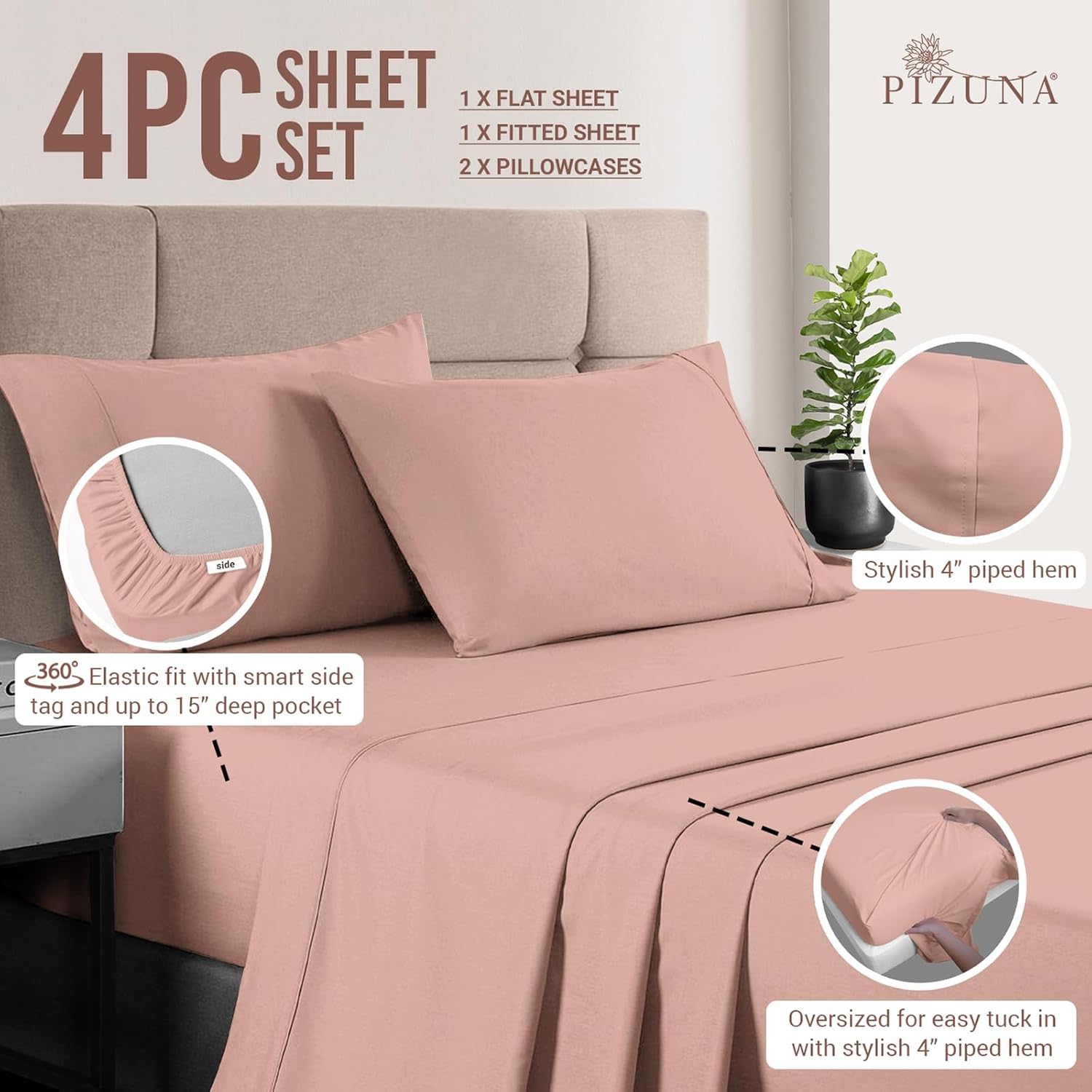 Pizuna Pure 100% Cotton Sheets RV Queen Size, Luxurious 400 Thread Count Long Staple Cotton Sateen Sheets RV Queen with 15" Deep Pocket (Combed Misty Rose Cotton Sheets RV Queen)
