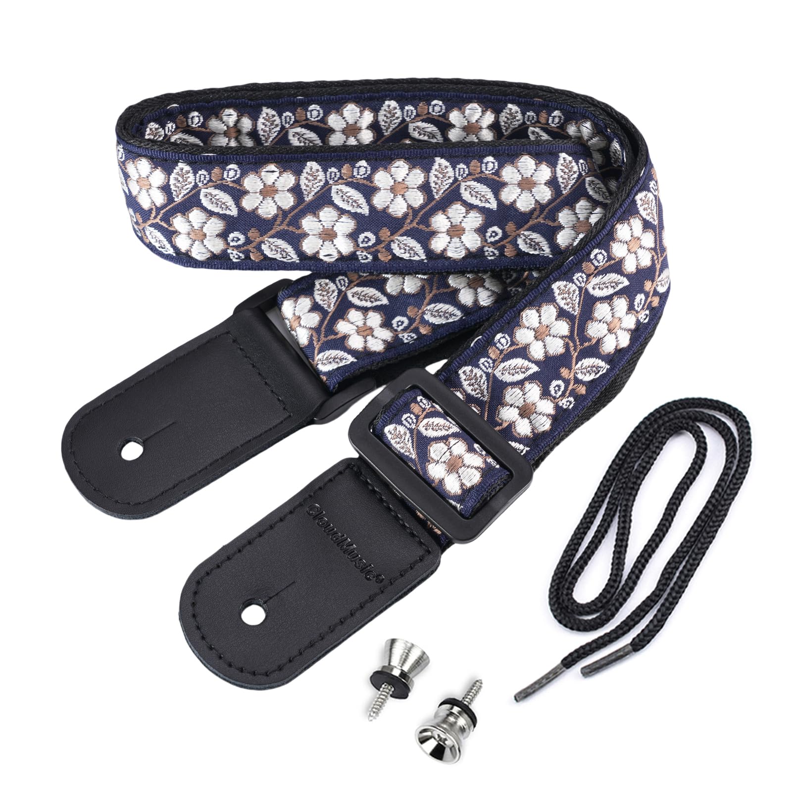 CLOUDMUSIC Ukulele Strap, Silver Flowers In Dark Blue
