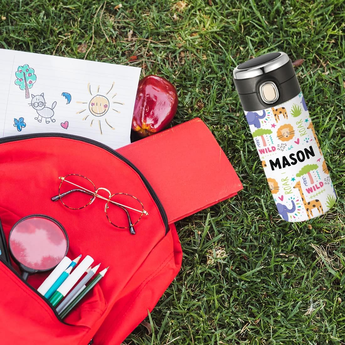 Andaz Press Personalized Safari Animals Stainless Steel Tumbler, 10oz BPA-Free Insulated Water Bottle with Leakproof Flip Lid, Custom Name Cup for Boys, Girls, Students, Birthday Party Favors, 1-Pack