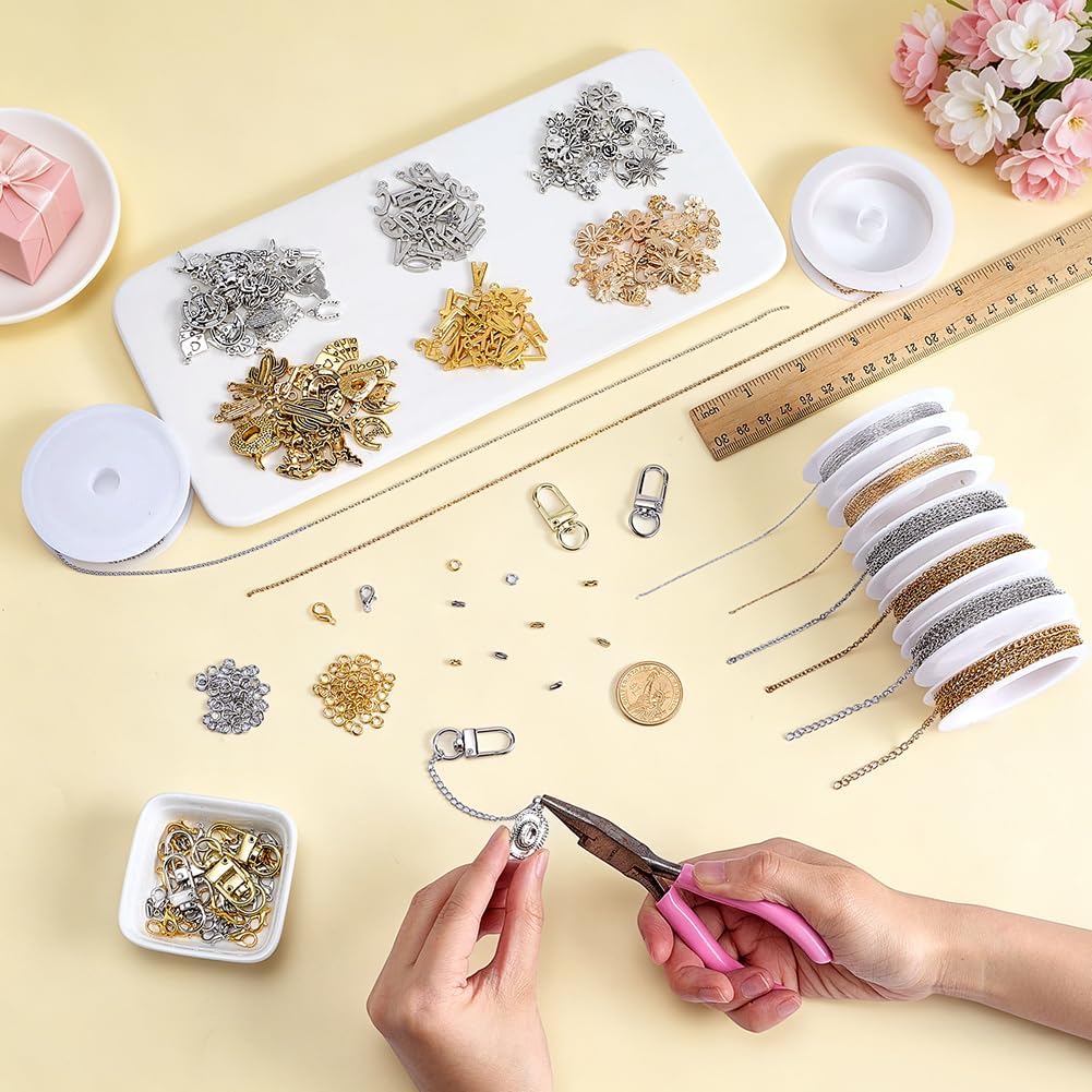 PH PandaHall Necklace Jewelry Making Kit, 52.5ft 8 Styles Chain Jewelry Making Supplies DIY Jewelrys Chain Kit Bracelet Charm Kits for DIY Crafts Necklace Friendship Bracelets Making