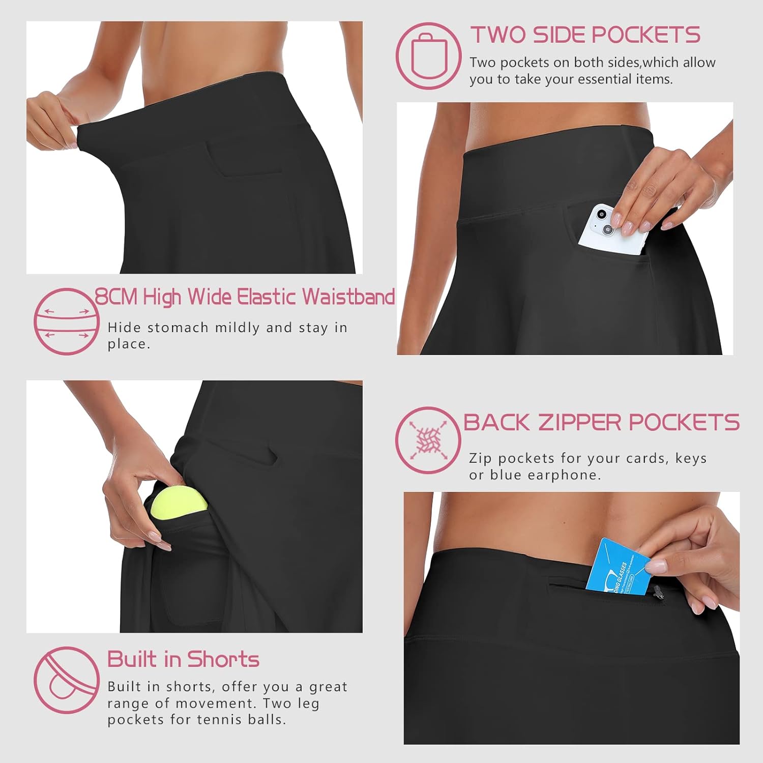 WOWENY Womens 20'' Knee Length Tennis Skirts Athletic Long Golf Skorts Skirts with Inner Shorts Pockets