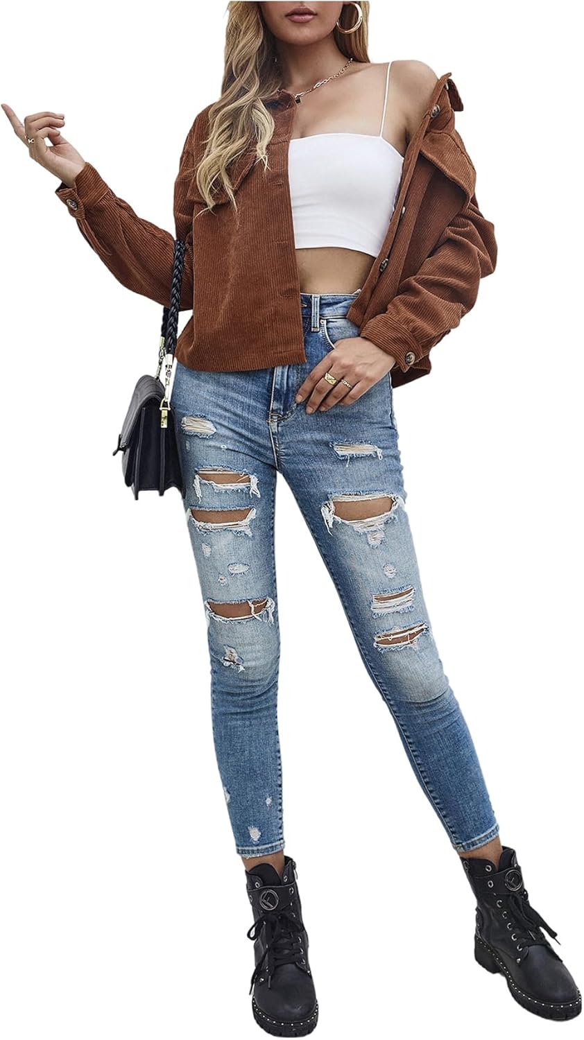 SweatyRocks Women's Corduroy Jacket Cropped Long Sleeve Button Down Casual Spring Jackets Trendy Shacket - Image 5