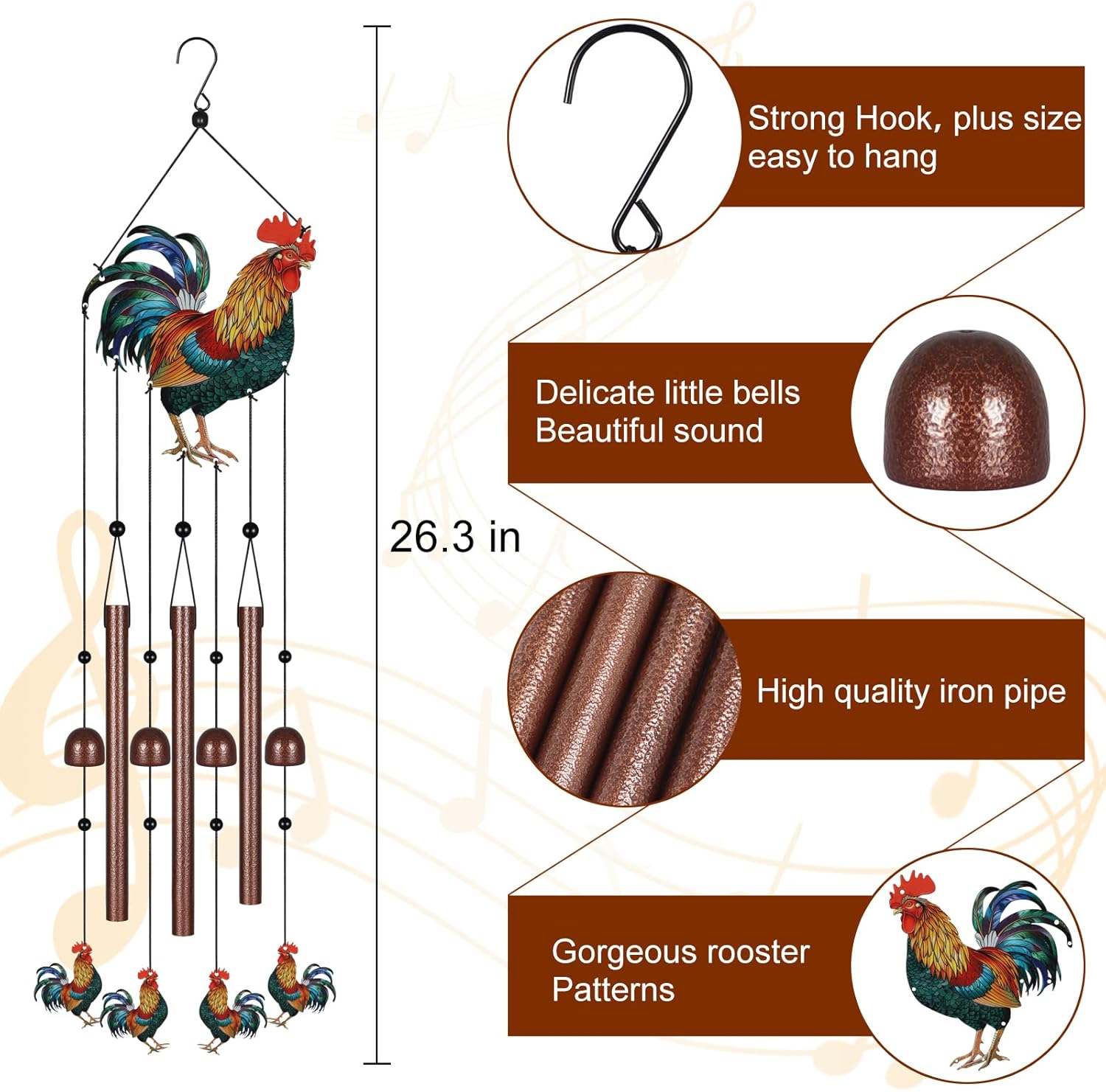 Roosters Wind Chimes for Outside,Metal Windchimes with S Hook with Playful Design Wind Chime Garden Decor Outdoor Ideal Memorial/Housewarming/Birthday/Festival Gifts Front Yard Decor