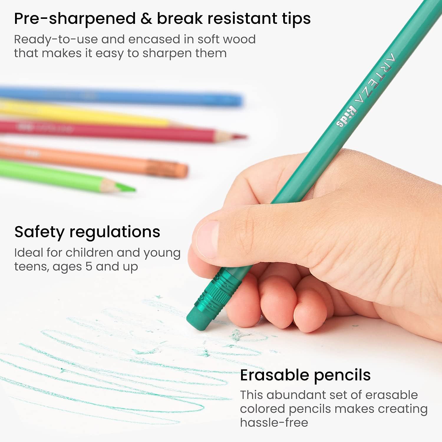 Arteza Kids Erasable Colored Pencils, Set of 48, Triangular Pencil Crayons, Pre-Sharpened, Art Supplies for School, Home, Doodling, and Drawing : Toys & Games