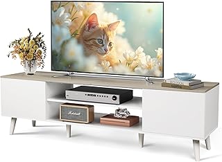WLIVE Mid-Century Modern TV Stand for 65 70 Inch TV, Entertainment Center with Storage, Adjustable Shelves & Soft-Close, Media TV Console for Living Room/Bedroom, Greige White
