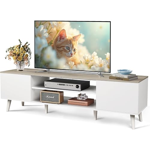 WLIVE Mid-Century Modern TV Stand for 65 70 Inch TV, Entertainment Center with Storage, Adjustable Shelves & Soft-Close, Media TV Console for Living Room/Bedroom, Greige White