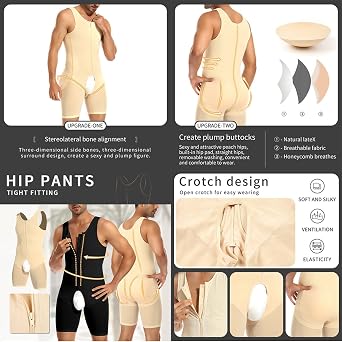 Men's Shapewear Bodysuit Padded Butt Booster Tummy Control Full Body Shaper Padded Underwear Boxer Briefs