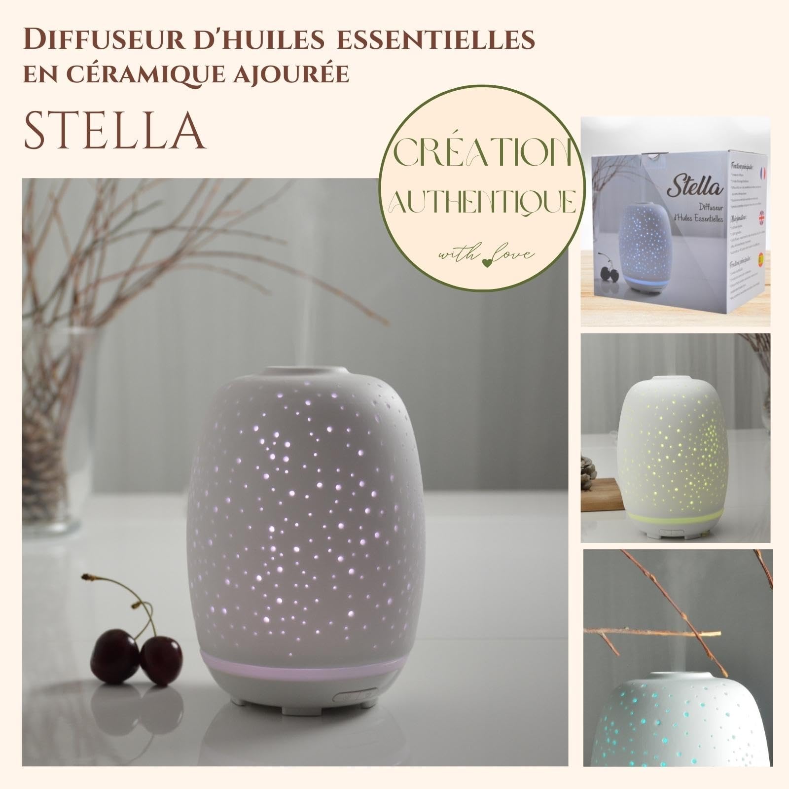 Zen'Aromat dyfuzor olejków eterycznych Stella - ultradźwiękowy dyfuzor aromaterapia na zimno - wielofunkcyjny ceramiczny dyfuzor elektryczny - kolorowe oświetlenie LED - automatyczne wyłączanie