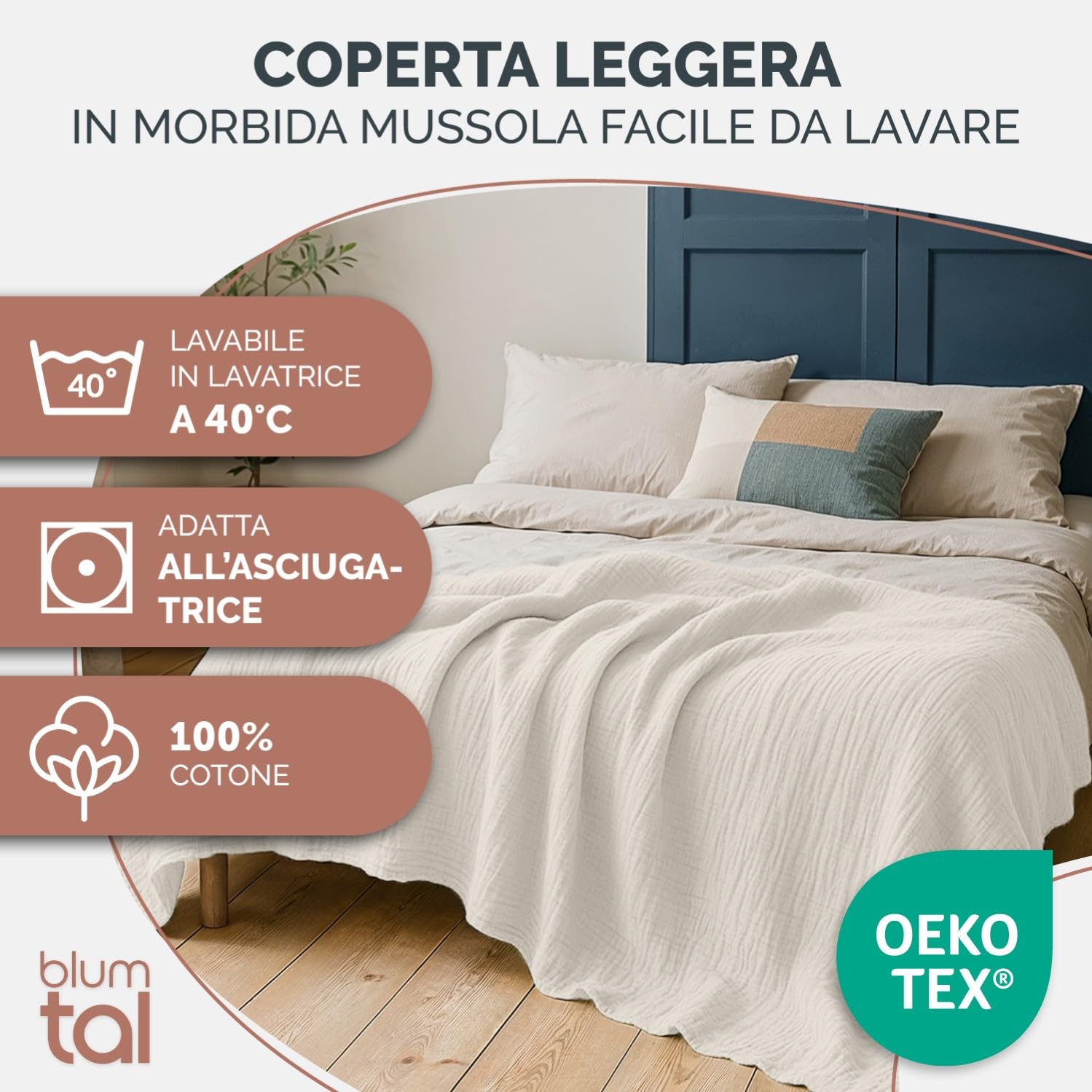 Blumtal Coperta Mussola Matrimoniale 150x200 cm - Certificata OEKO-TEX - Cotone Estivo 100% - Telo Copridivano - Avorio