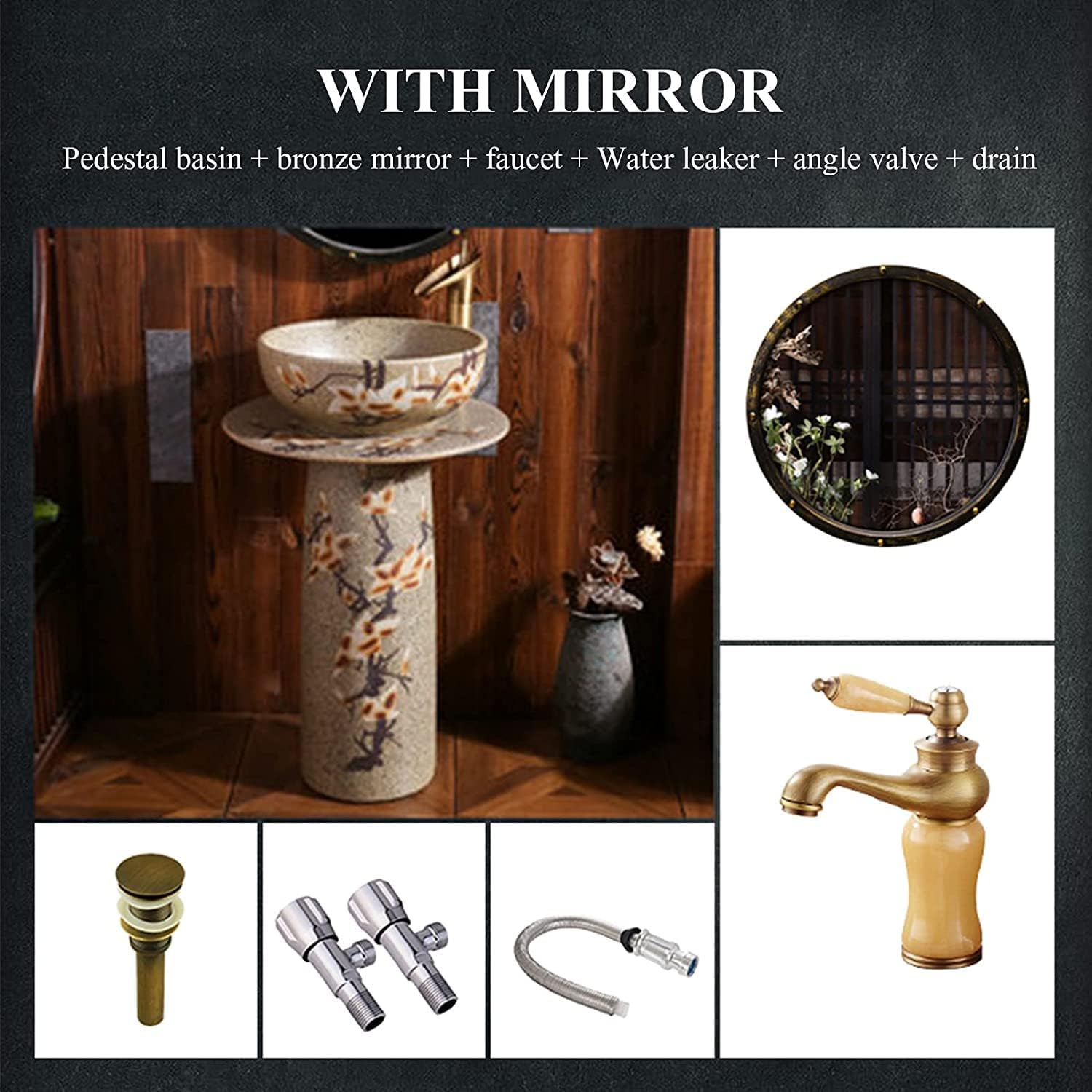 Full Pedestal Art Bathroom Basin Sink Oval Bathroom Basin Sink Pedestal Bathroom Sink Ceramic Basin (Color : V Size : Without Mirror) (Q with Mirror) (E with Mirror)