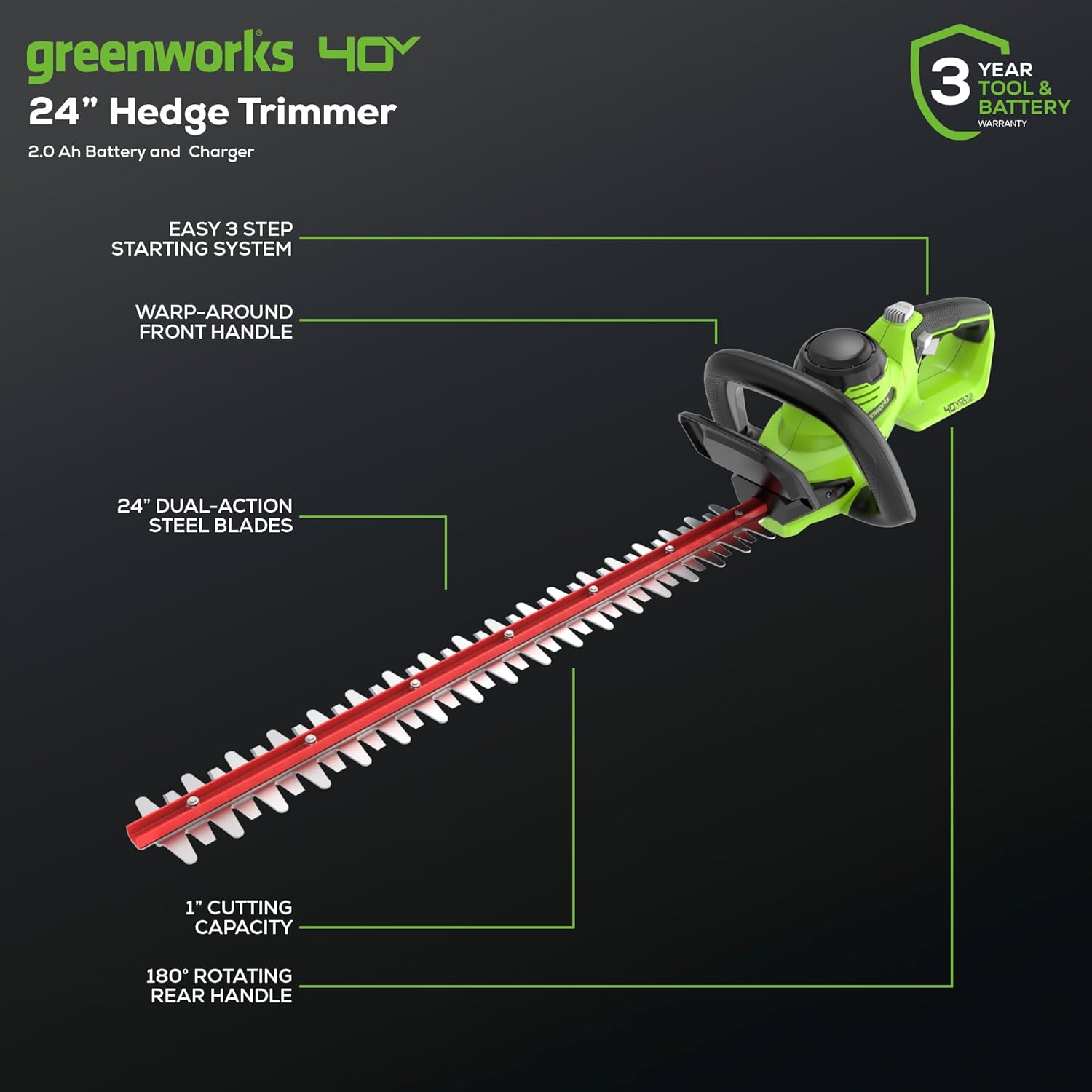 Greenworks 40V 24" Cordless Hedge Trimmer (1" Cutting Capacity), 2.0Ah USB Battery and Charger Included