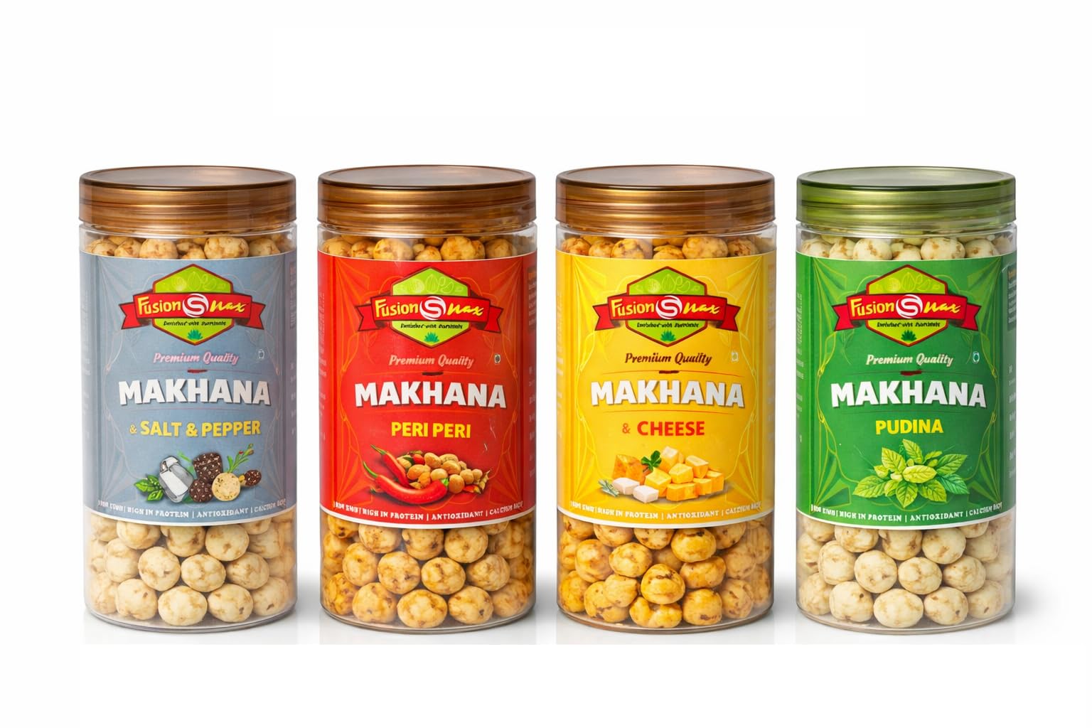 Fusionsnax Flavoured Roasted Makhana I 280 gram, (Pack of 4, 70 g each) I Healthy Party, Namkeen Snacks, Puffed Makhana Snacks Peri Peri, Creamy Cheese, Pudina & Himalayan Salted (Pack of 4, 70 g each)-image-49