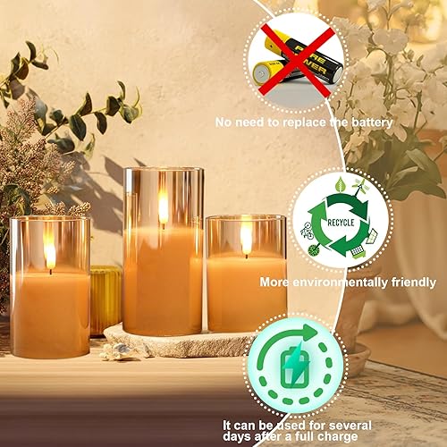 Miniatura 3 de GenSwin Velas LED recargables de vidrio parpadeantes sin llama con temporizador remoto, velas de pilar que funcionan con pilas, vela USB de cera