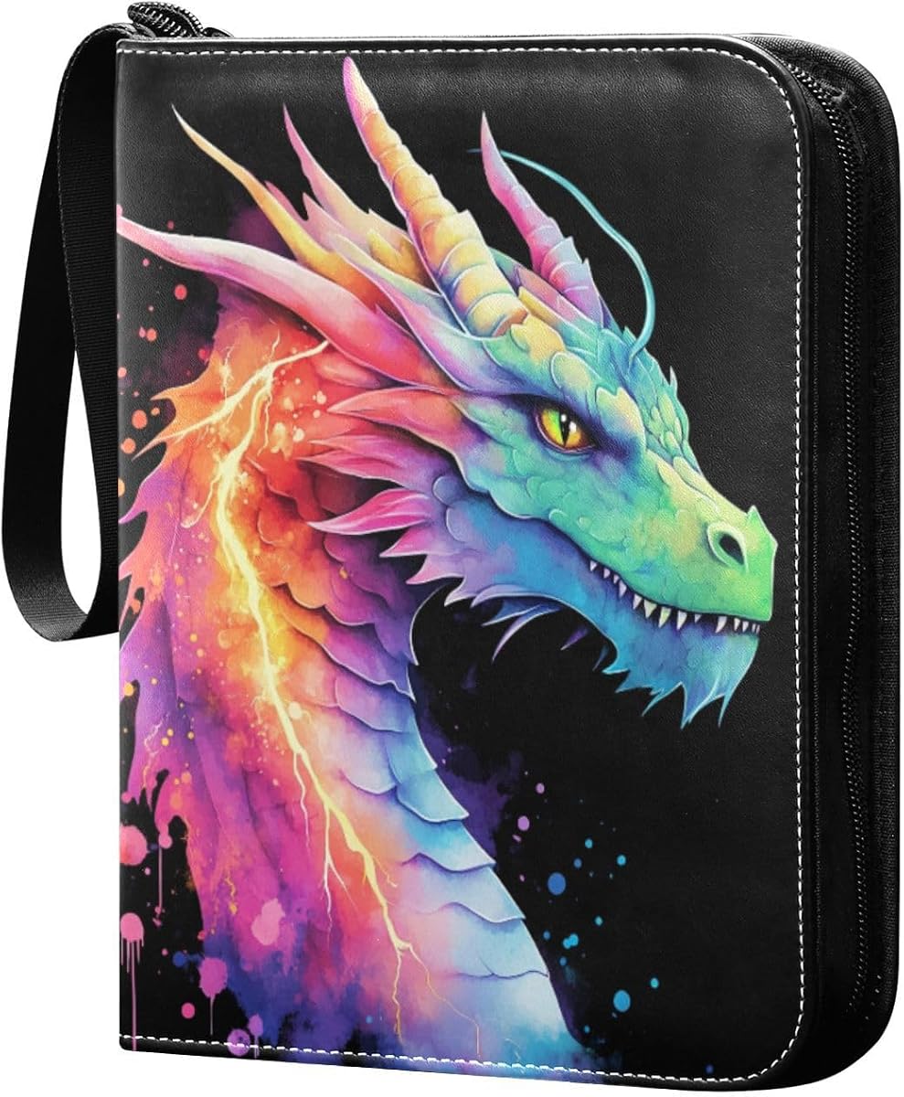 Lightning Dragon Watercolor Card Binder 4 Pocket Zipper PU Trading Card Album Fits 400 Game Cards 50 Removable Sleeves Card Folder Collection for Baseball MTG TCG Sports Cards