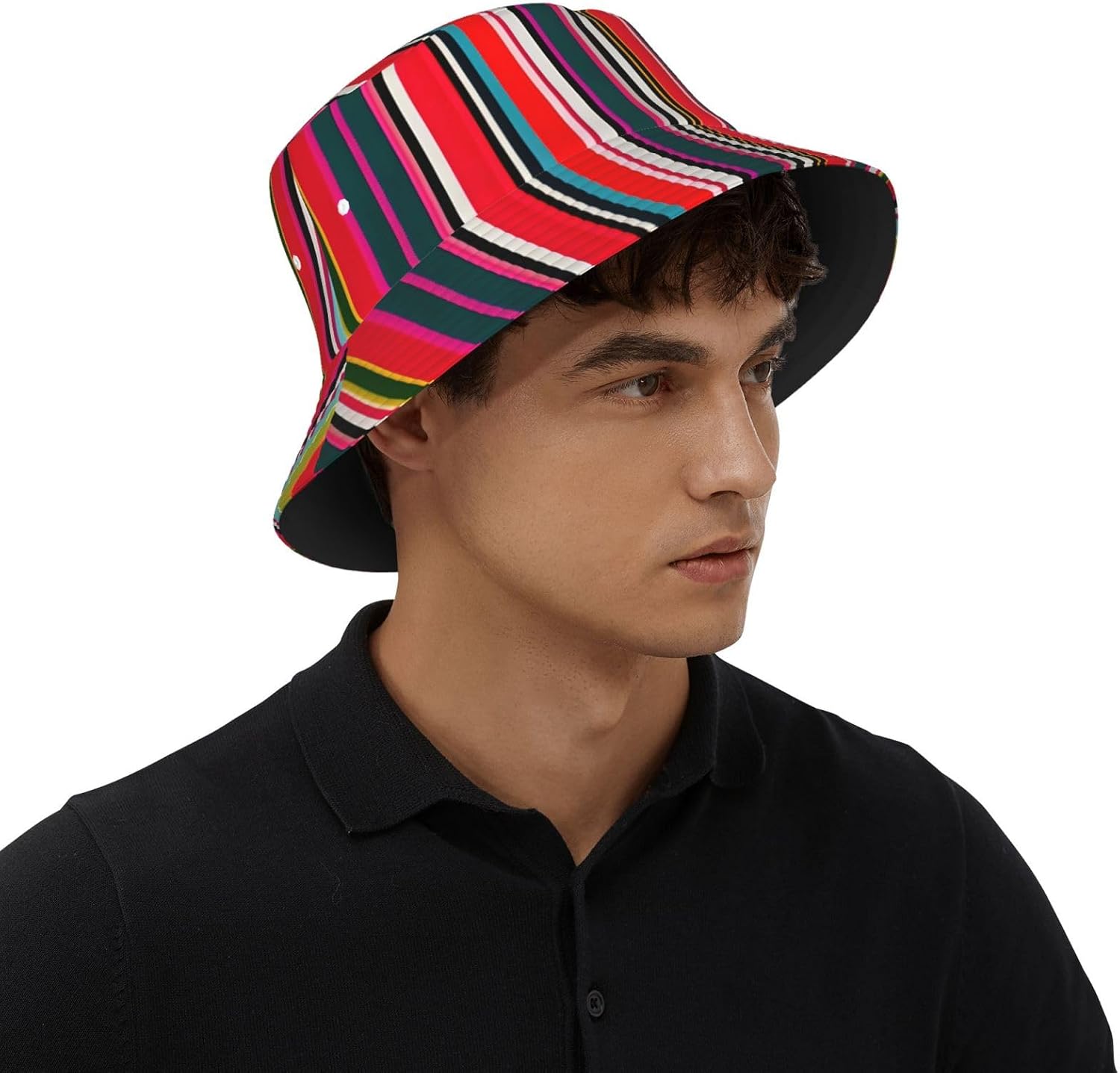 Colorful Stripes Print Sun Hat Outdoor Fisherman Cap Summer Bucket Hat Beach for Men Women Black