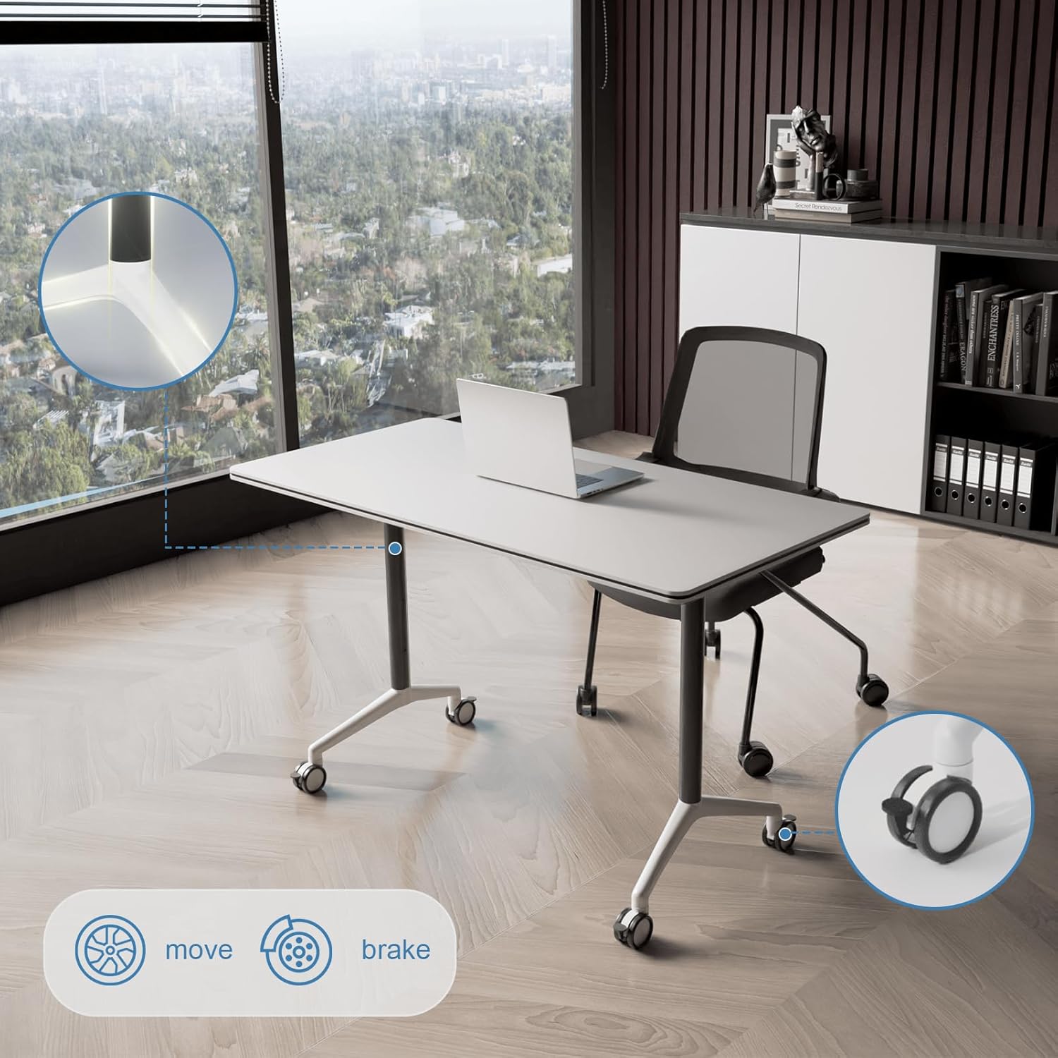 Modular Conference Table with Wheels 63in 4PCS, Folding Conference Room Tables on Wheels, Foldable Mobile Training Table for Office Collapsible Transformable Meeting Tables for 8-14 Seat White